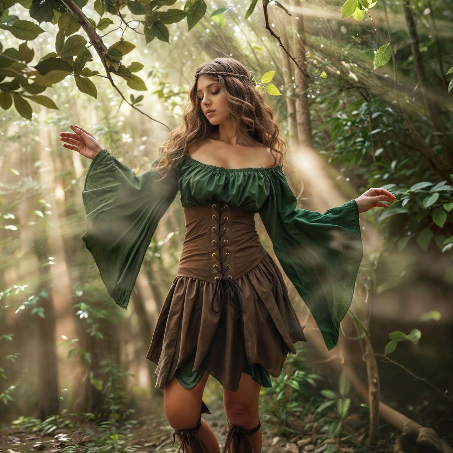 Elven Short Dress with Flared Sleeve & Corset, from S to 5XL Plus Size! Forest Fairy Cosplay LARP Costume, Pixie Fantasy Outfit, Medieval Renfaire Clothes, Faery Renaissance Clothing Green and Brown
