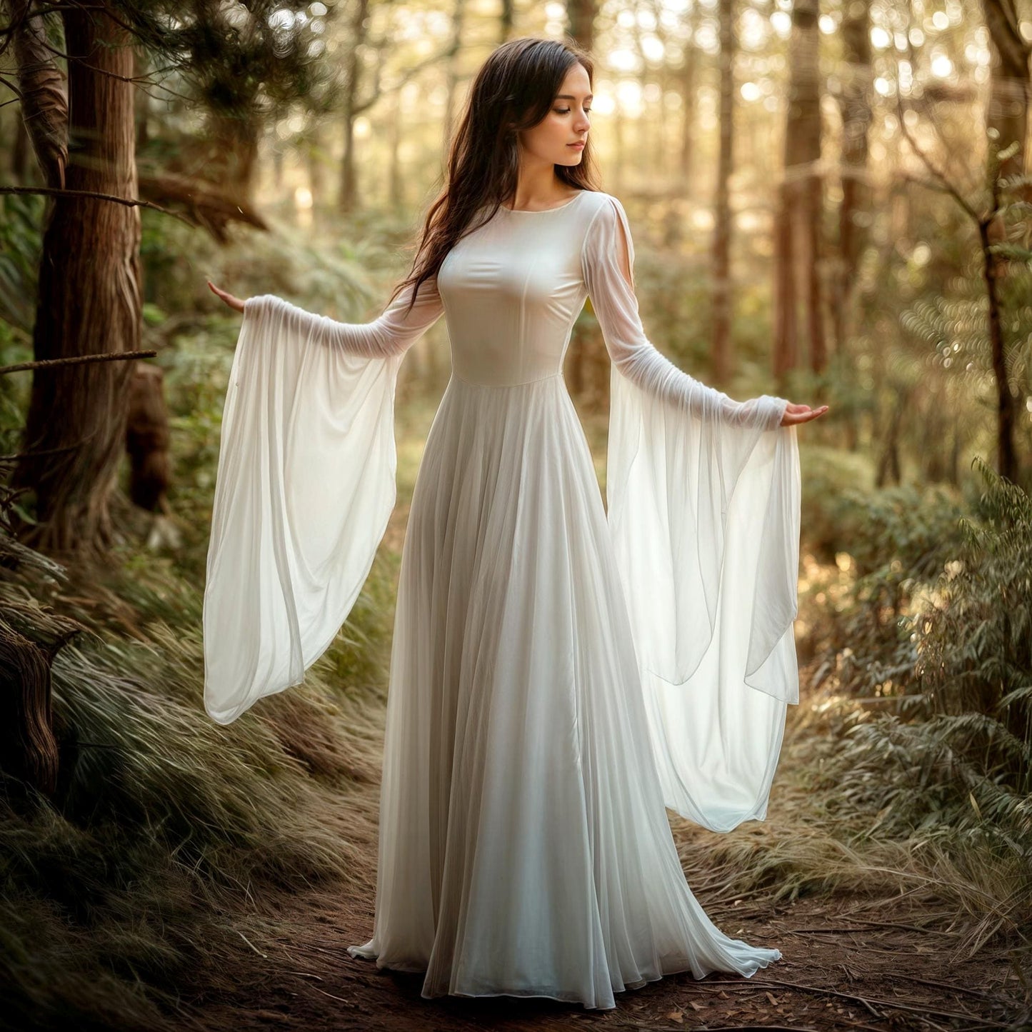 Elven Long Dress with Flared Sleeve of Transparent White Chiffon, Forest Fairy Cosplay LARP Costume, Pixie Fantasy Outfit, Medieval Renfaire