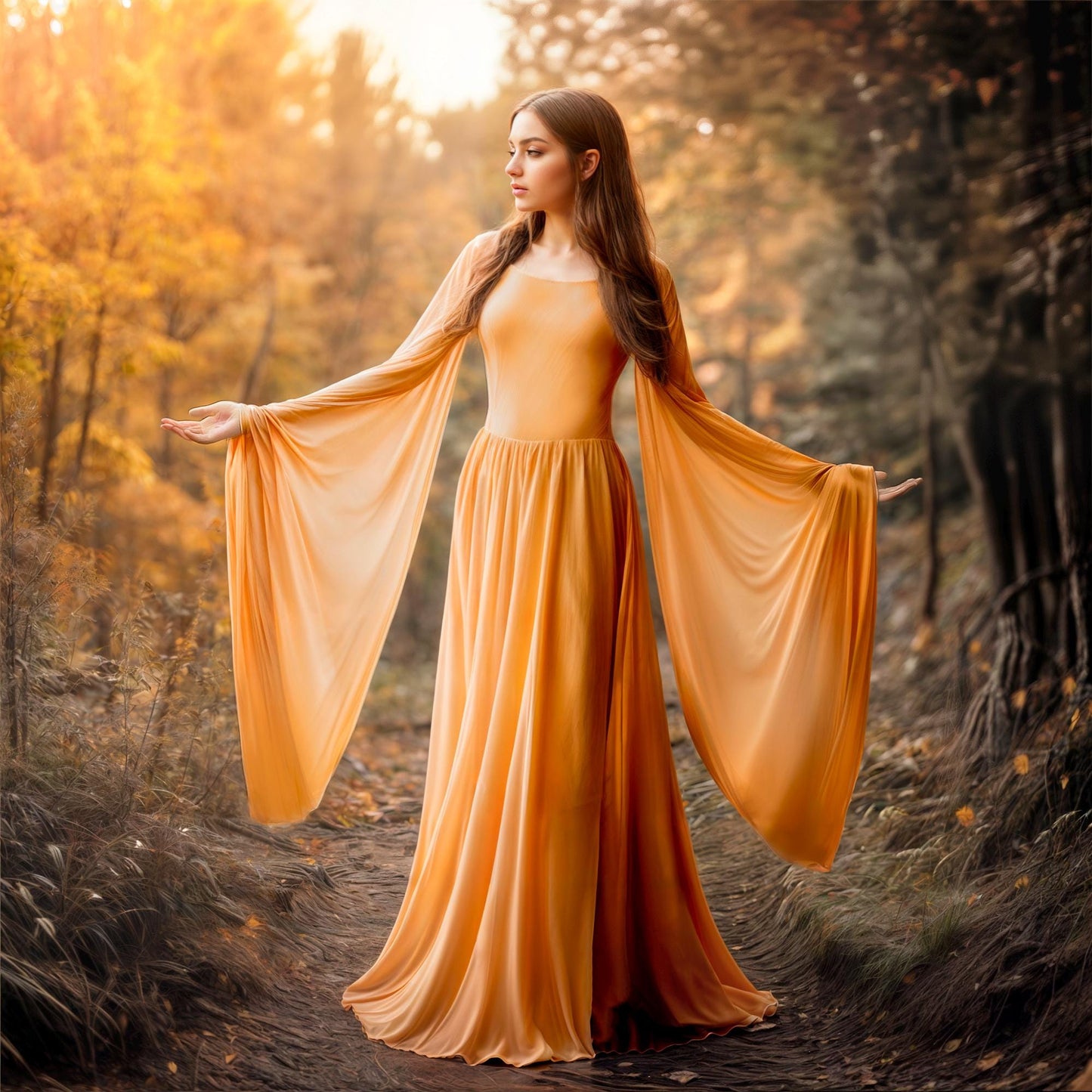 Elven Long Dress with Flared Sleeve of Transparent Orange Chiffon, Forest Fairy Cosplay LARP Costume, Pixie Fantasy Outfit, Medieval Renfaire