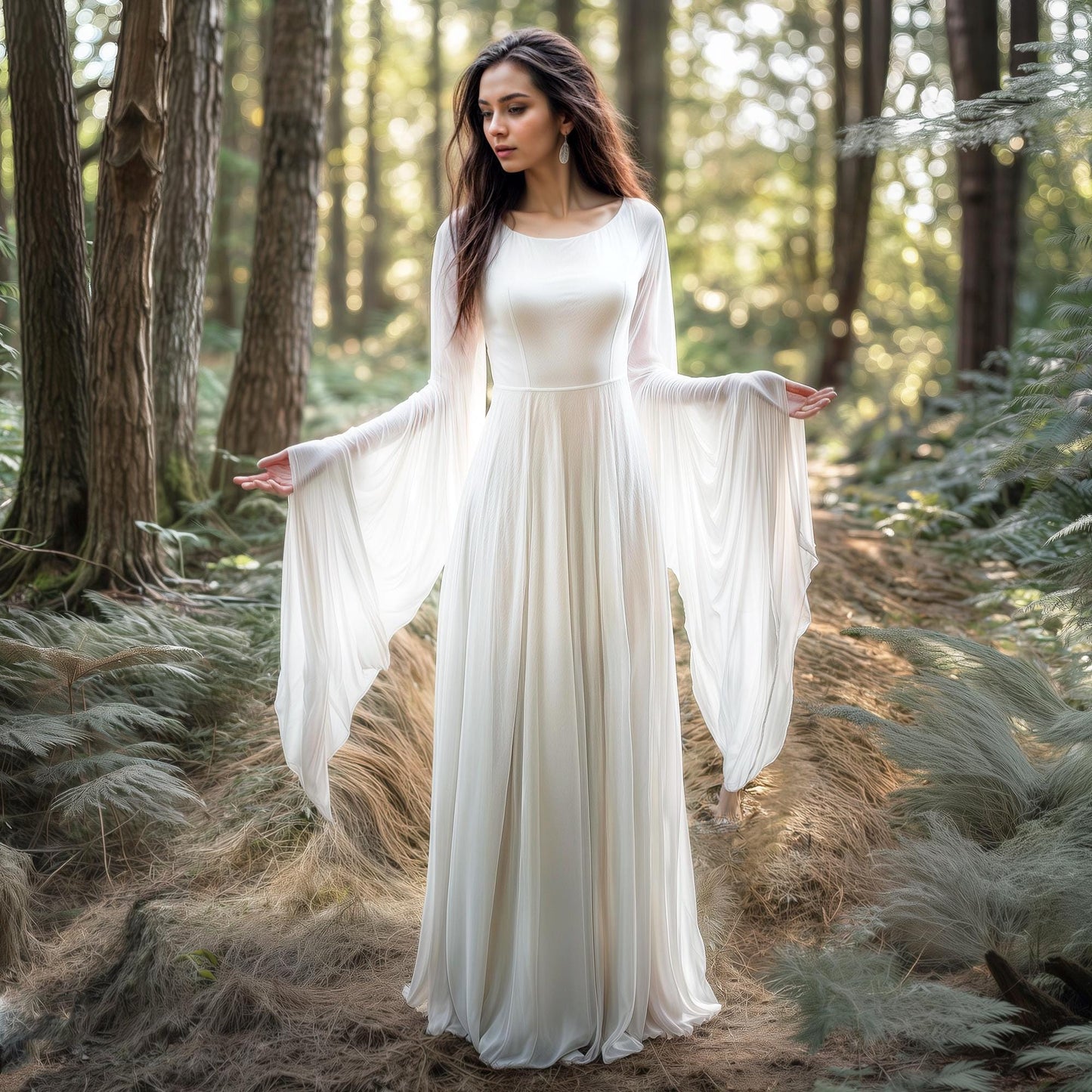 Elven Long Dress with Flared Sleeve of Transparent White Chiffon, Forest Fairy Cosplay LARP Costume, Pixie Fantasy Outfit, Medieval Renfaire