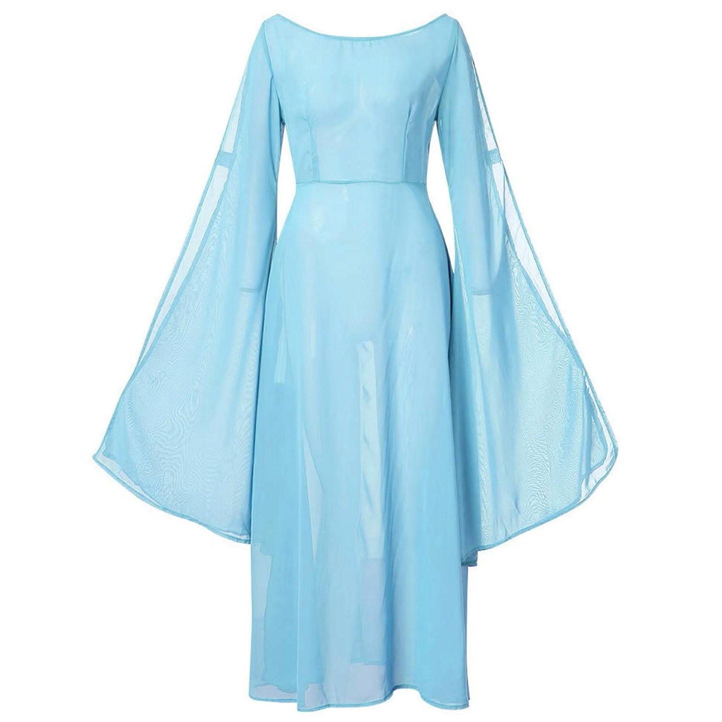 Elven Long Dress with Flared Sleeve of Transparent Blue Chiffon, Forest Fairy Cosplay LARP Costume, Pixie Fantasy Outfit, Medieval Renfaire