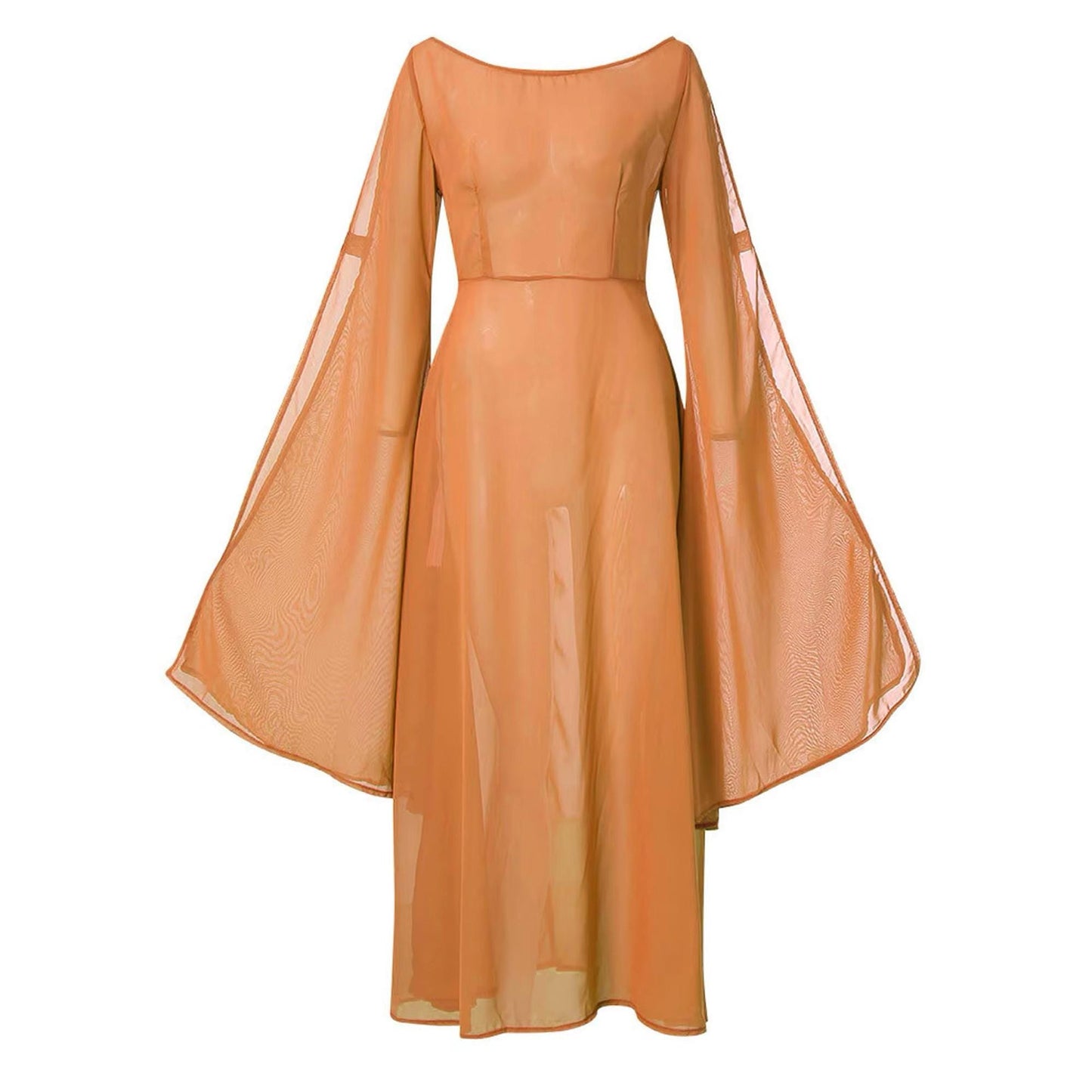 Elven Long Dress with Flared Sleeve of Transparent Orange Chiffon, Forest Fairy Cosplay LARP Costume, Pixie Fantasy Outfit, Medieval Renfaire