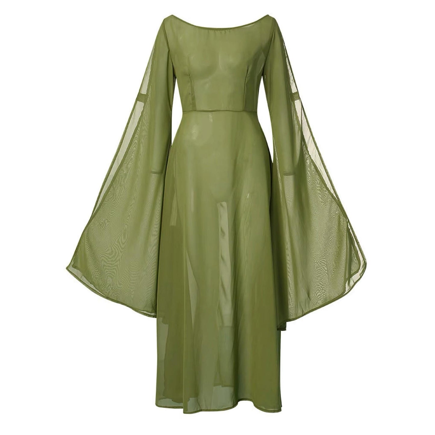 Elven Long Dress with Flared Sleeve of Transparent Green Chiffon, Forest Fairy Cosplay LARP Costume, Pixie Fantasy Outfit, Medieval Renfaire