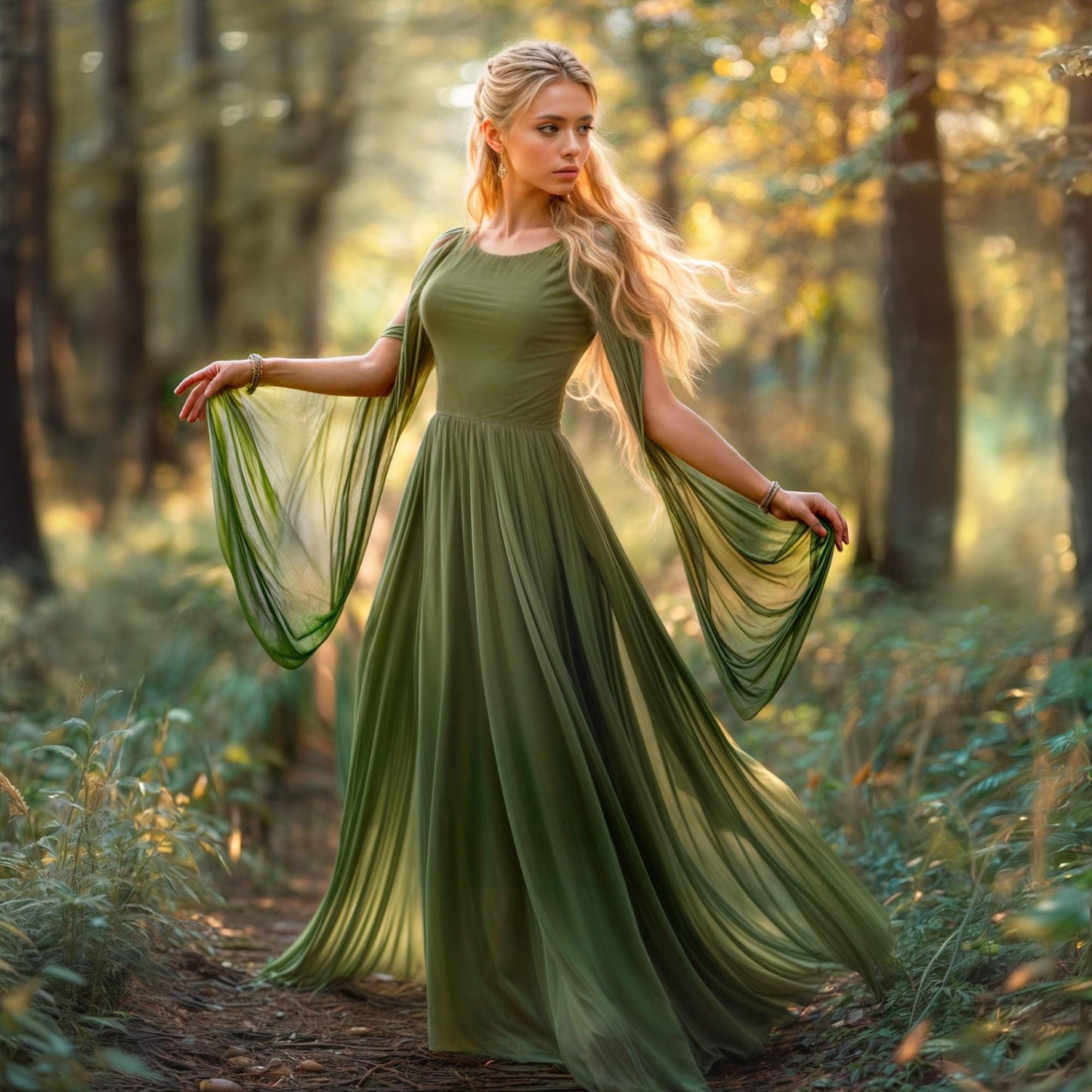 Elven Long Dress with Flared Sleeve of Transparent Green Chiffon, Forest Fairy Cosplay LARP Costume, Pixie Fantasy Outfit, Medieval Renfaire