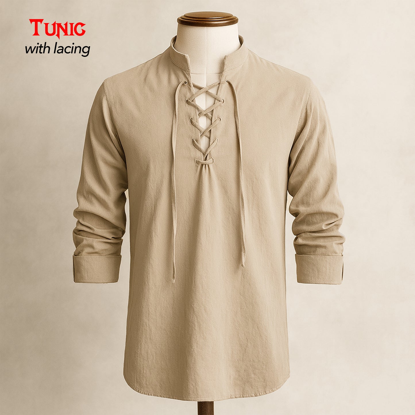 Beige viking warrior shirt tunic with lacing for Medieval Barbarian Costume. Renfaire LARP Cosplay Clothes
