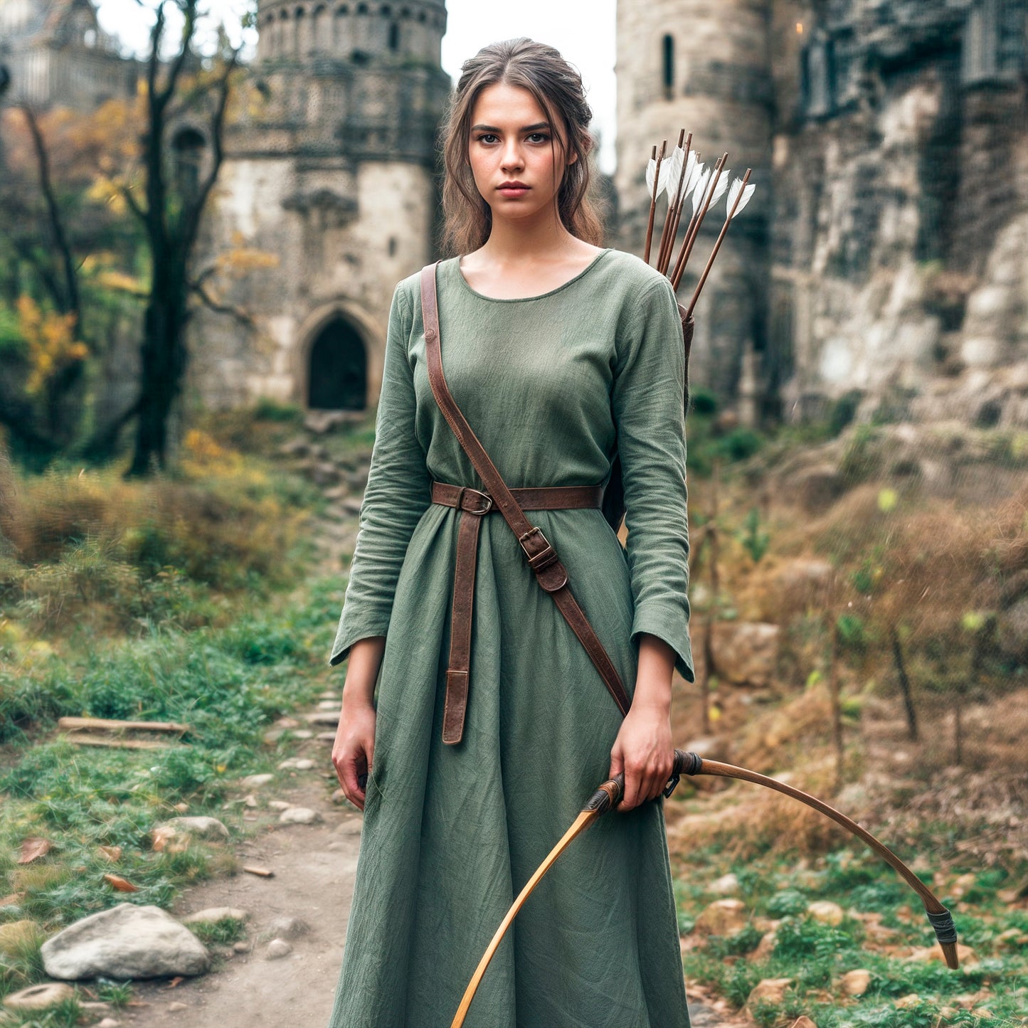 Forest Green Linen Medieval Dress, Viking Knight LARP Costume, Ranger Rustic Gown, Renfaire Plus Size Underdress