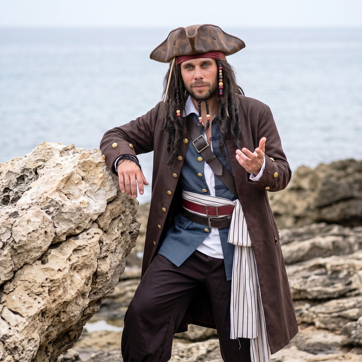 Jack Sparrow Cosplay Adult Costume, Caribbean Pirate Captain Clothes Set with Wig & Tricorne Hat