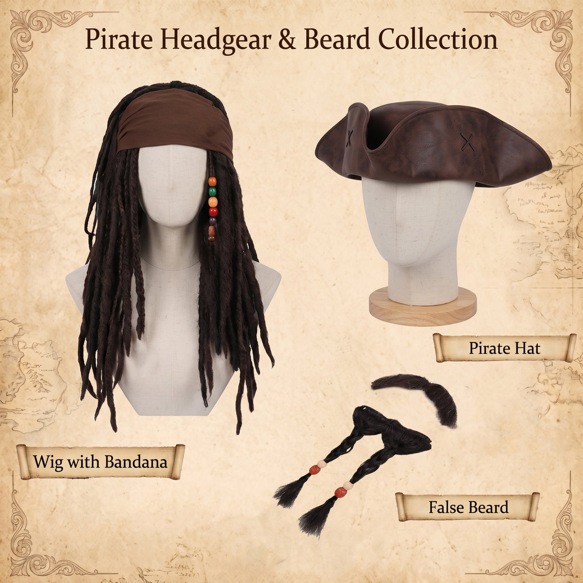 Jack Sparrow Cosplay Adult Costume, Caribbean Pirate Captain Wig & Tricorne Hat
