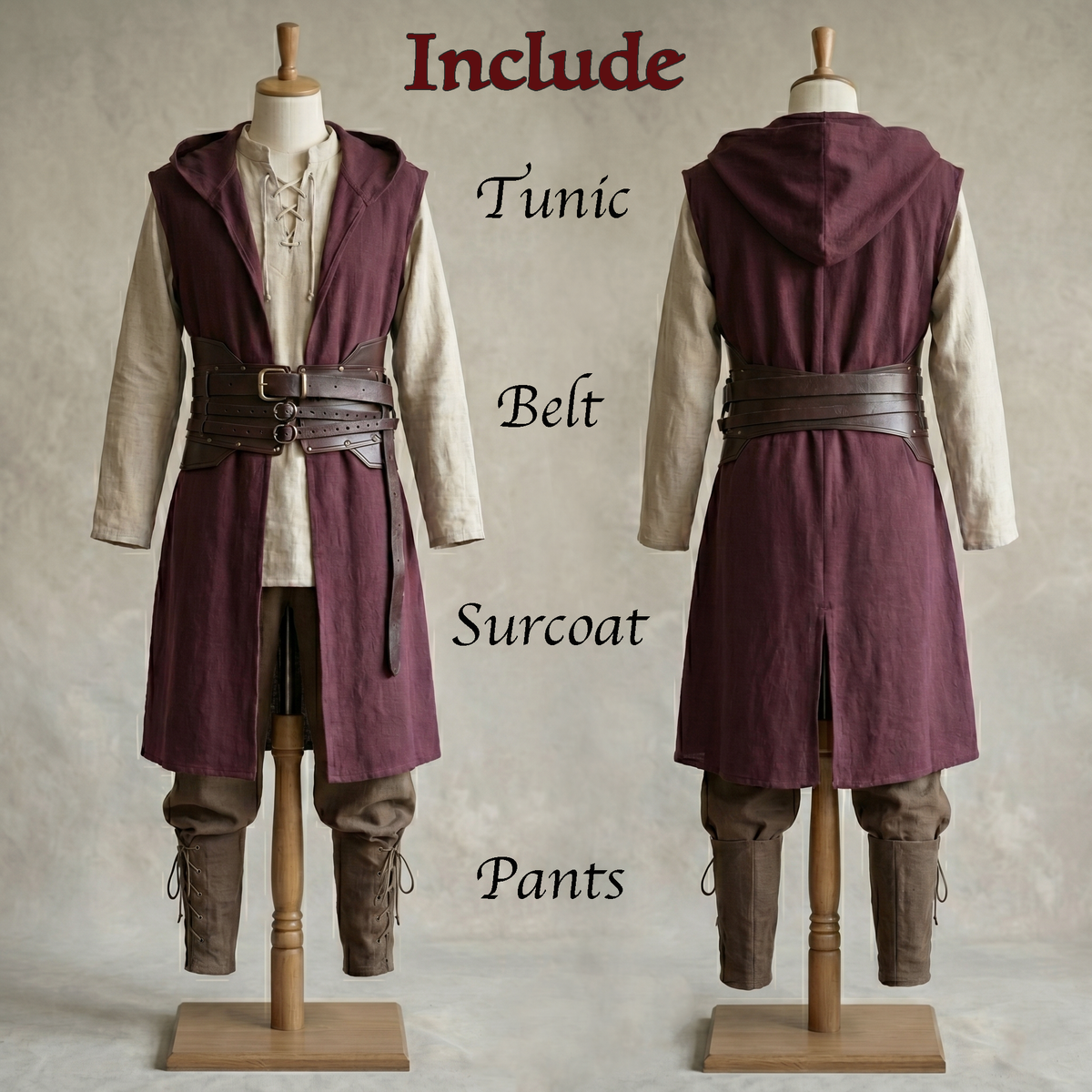 Medieval Men's Renfaire Costume with Hooded Surcoat for LARP Viking, Ranger Cosplay