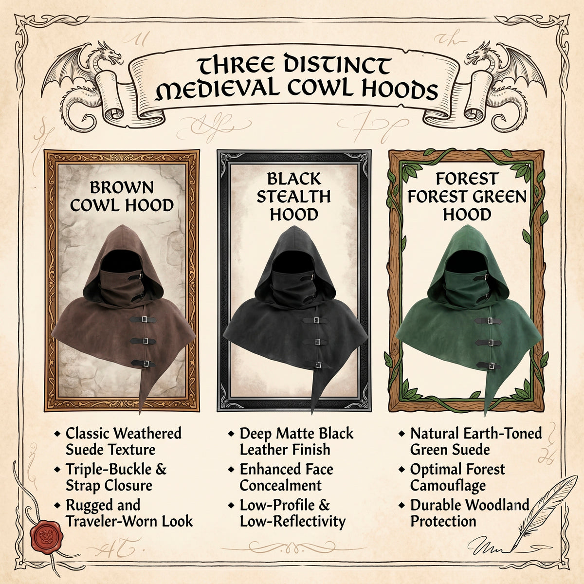 Medieval Hooded Half Cloak with Face Cower, Unisex Hood Cowl, Renfaire LARP Cosplay