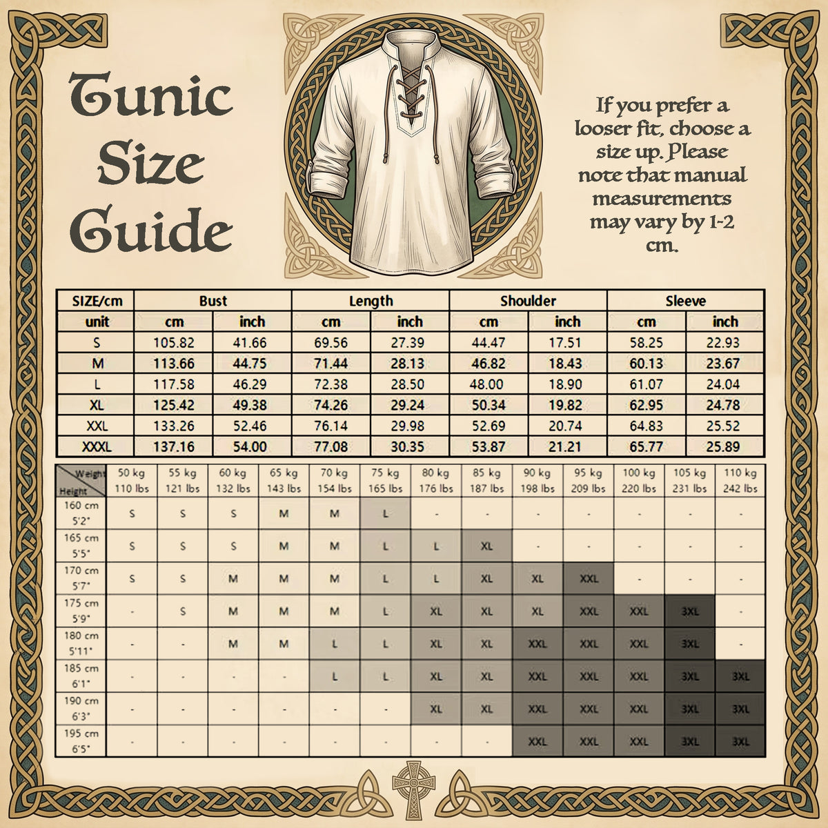 Size Chart for the Medieval Viking Shirt Tunic