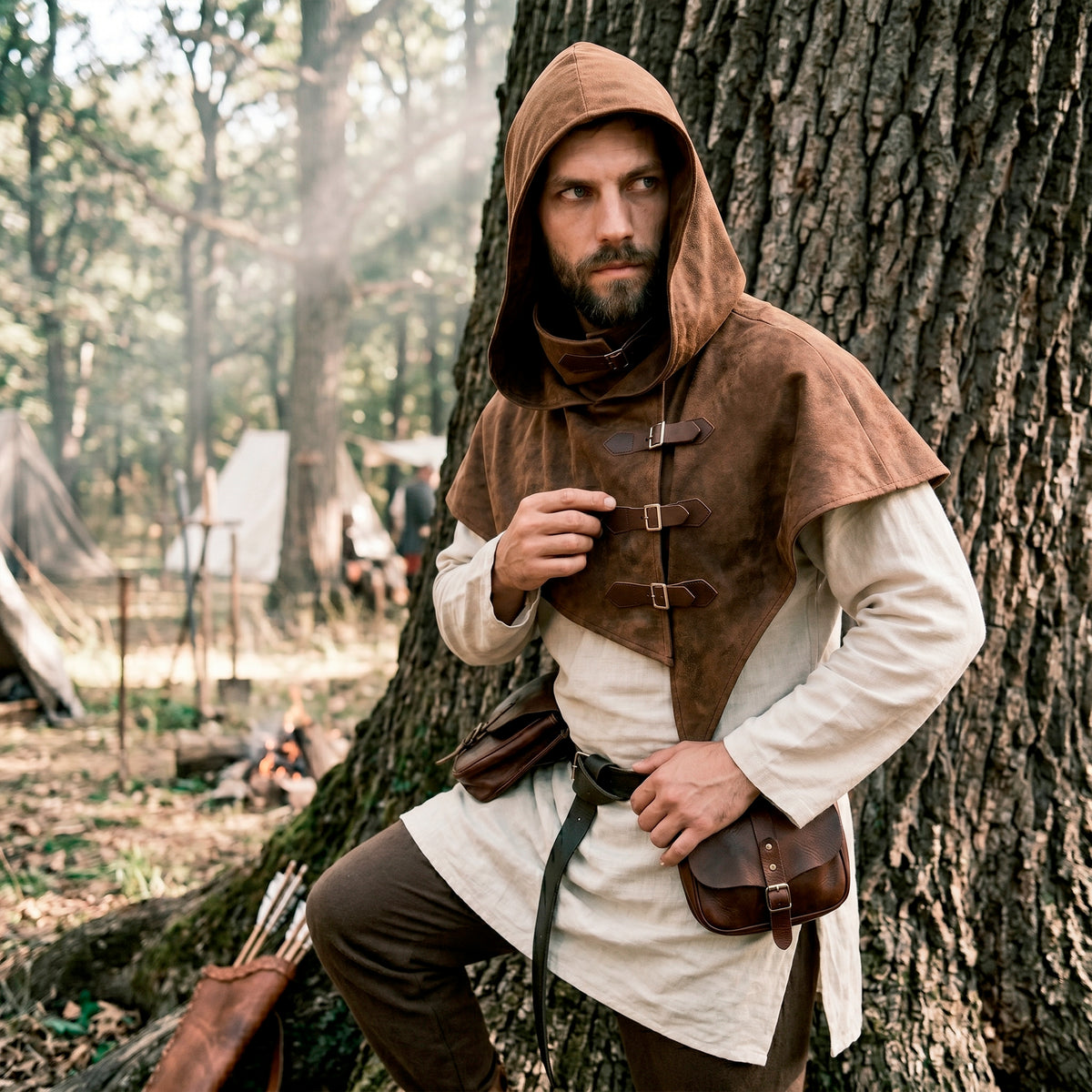 Medieval Hooded Half Cloak with Face Cower, Brown Mens Hood Cowl, Renfaire LARP Cosplay