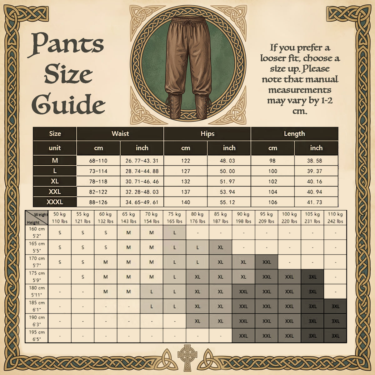 Size Chart for the Medieval Viking Pants Trousers