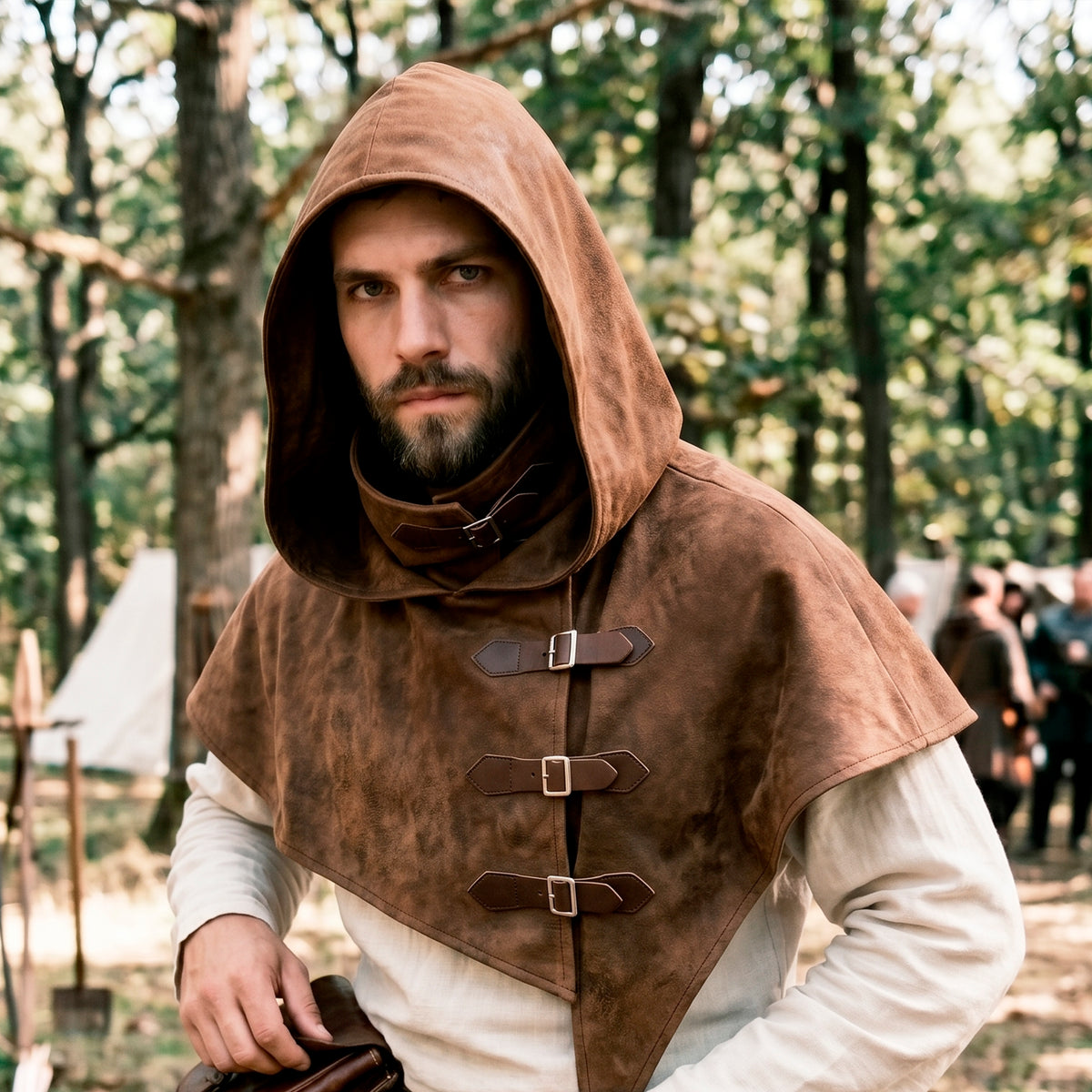 Medieval Hooded Half Cloak with Face Cower, Brown Mens Hood Cowl, Renfaire LARP Cosplay