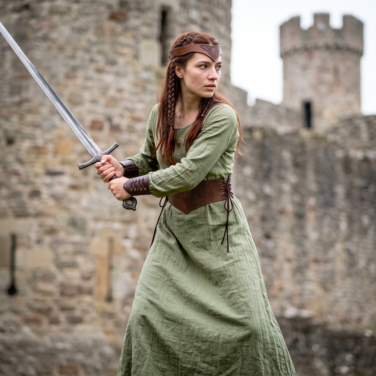 Medieval Renfaire Elven Viking Women Costume for LOTR Cosplay: Forest Green Dress & Faux Leather LARP Accessories