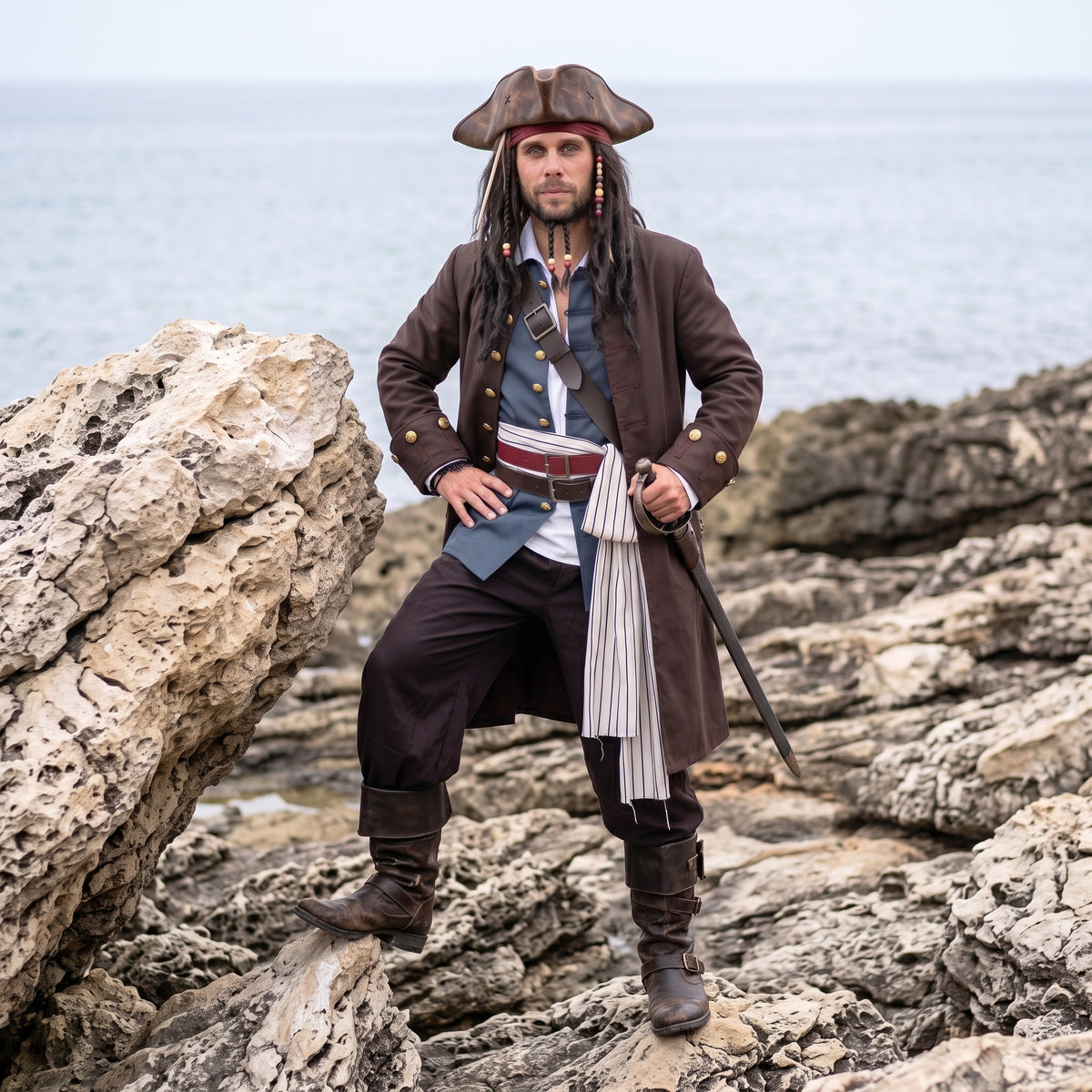 Jack Sparrow Cosplay Adult Costume, Caribbean Pirate Captain Clothes Set with Wig & Tricorne Hat