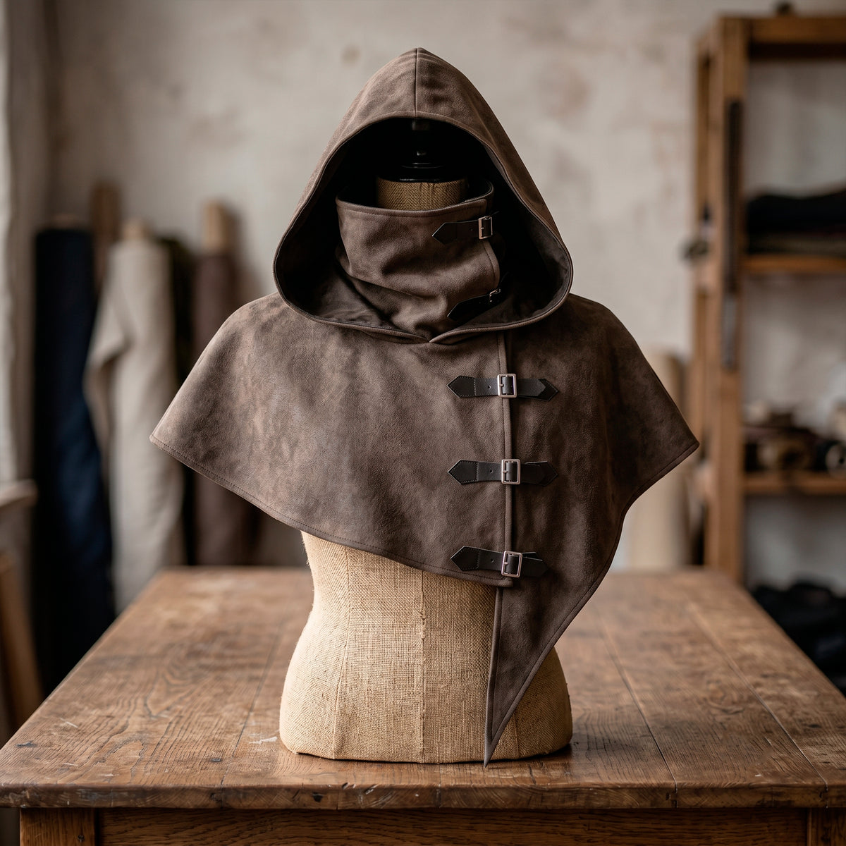 Medieval Hooded Half Cloak with Face Cower, Brown Mens Hood Cowl, Renfaire LARP Cosplay