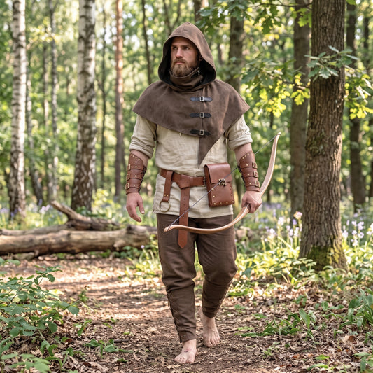 Medieval Ranger Full Costume (8pcs) - Hood Cowl, Beige Tunic, Lacing Trousers & Faux Leather LARP Accessories