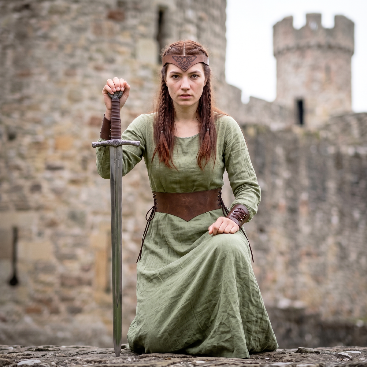 Medieval Renfaire Elven Viking Women Costume for LOTR Cosplay: Forest Green Dress & Faux Leather LARP Accessories