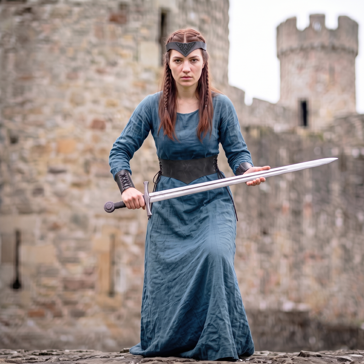 Medieval Renfaire Elven Viking Women Costume for LOTR Cosplay: Blue Dress & Faux Leather LARP Accessories
