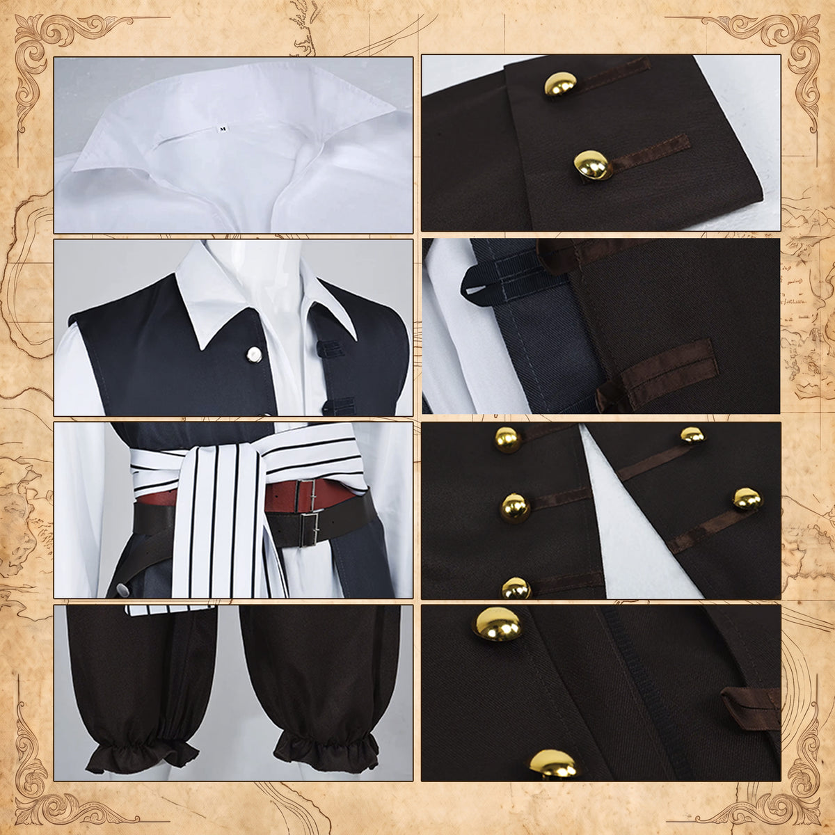Jack Sparrow Cosplay Adult Costume, Caribbean Pirate Captain Clothes Set with Wig & Tricorne Hat