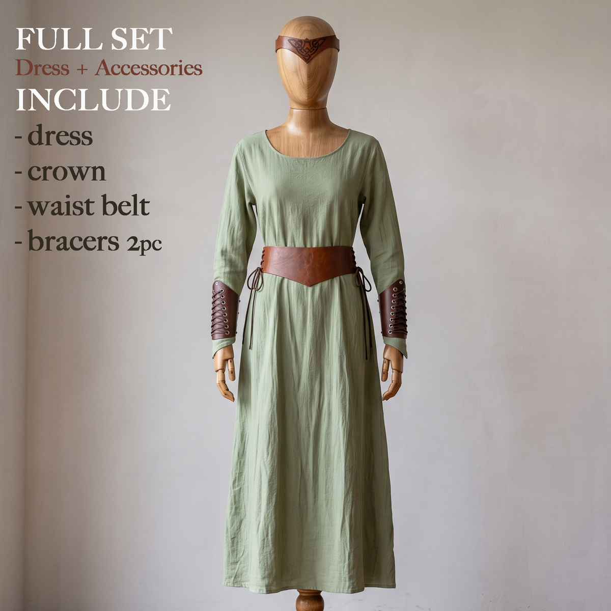 Medieval Renfaire Elven Viking Women Costume for LOTR Cosplay: Forest Green Dress & Faux Leather LARP Accessories