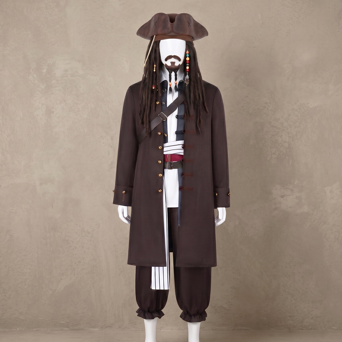 Jack Sparrow Cosplay Adult Costume, Caribbean Pirate Captain Clothes Set with Wig & Tricorne Hat