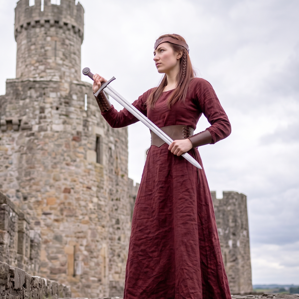 Medieval Renfaire Elven Viking Women Costume for LOTR Cosplay: Burgundy Red Dress & Faux Leather LARP Accessories