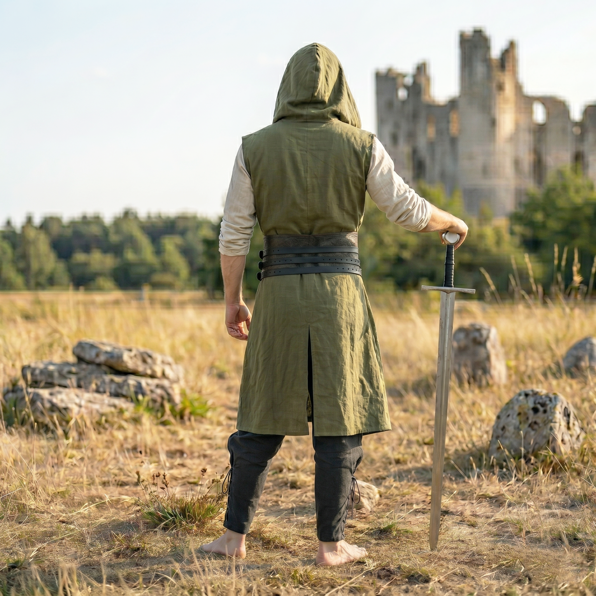 Medieval Men's Renfaire Costume with Hooded Surcoat for LARP Viking, Ranger Cosplay