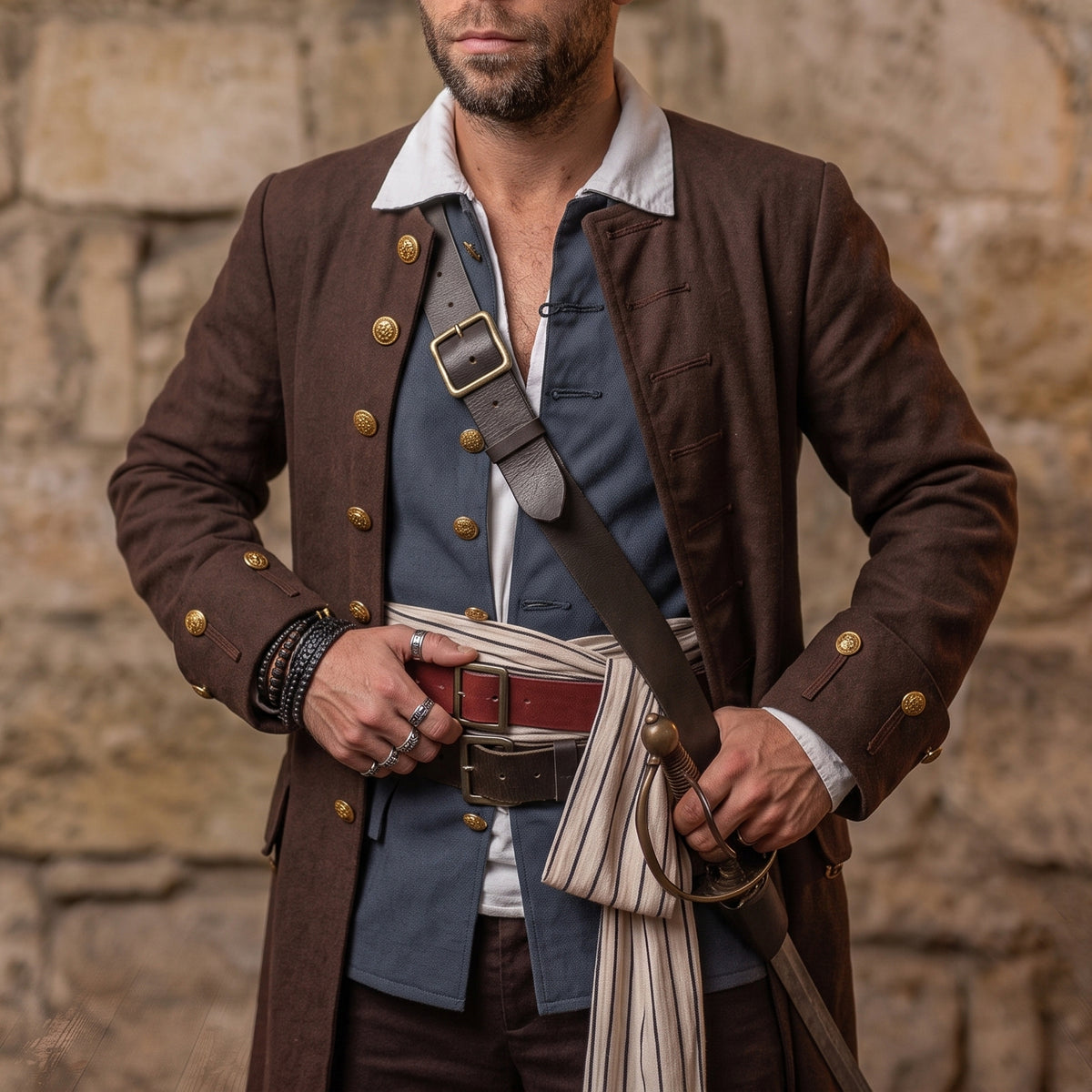 Jack Sparrow Cosplay Adult Costume, Caribbean Pirate Captain Clothes Set with Wig & Tricorne Hat