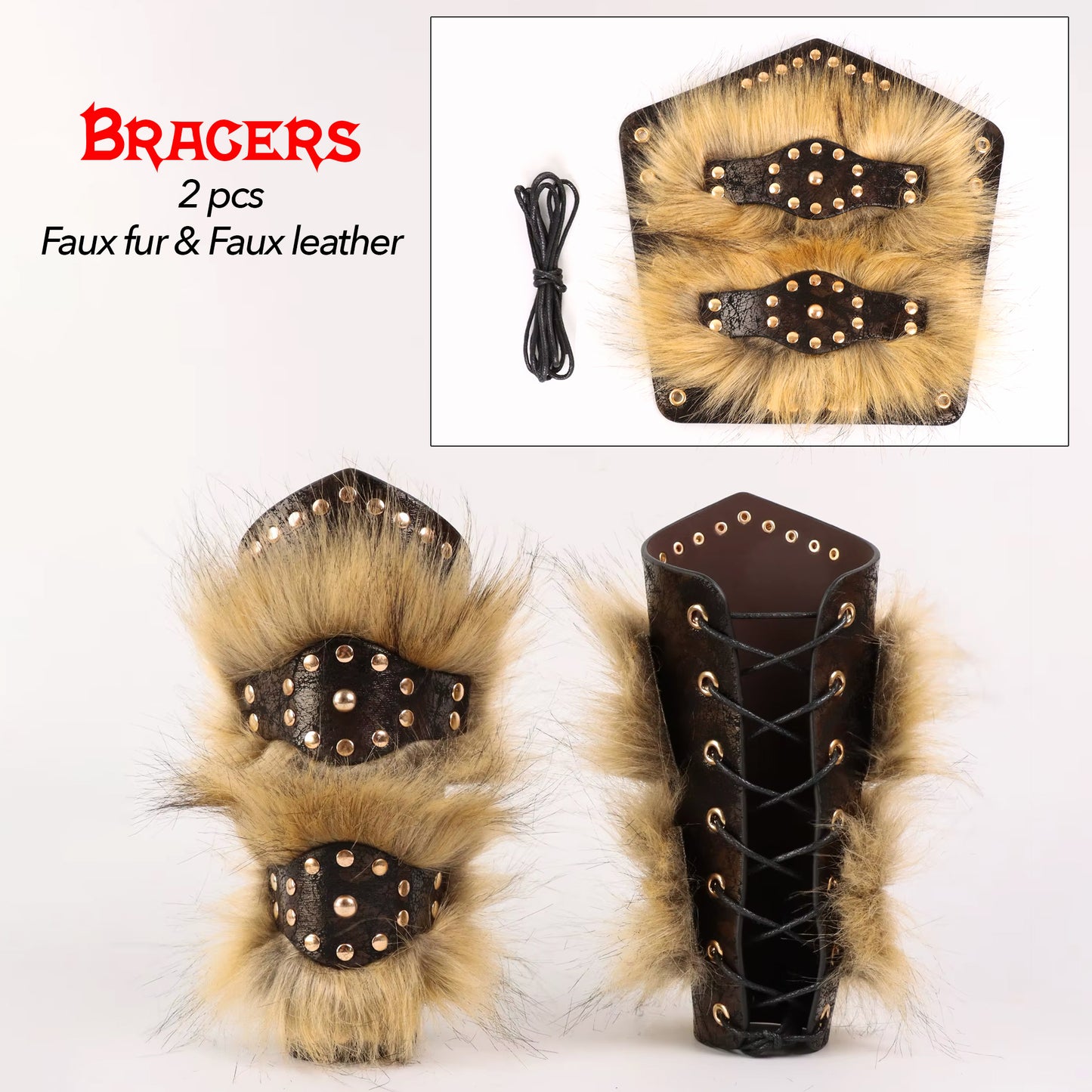 Pair of faux fur and faux leather arm warmers bracers for Medieval Barbarian Full Costume. Renfaire LARP SCA Accessories.
