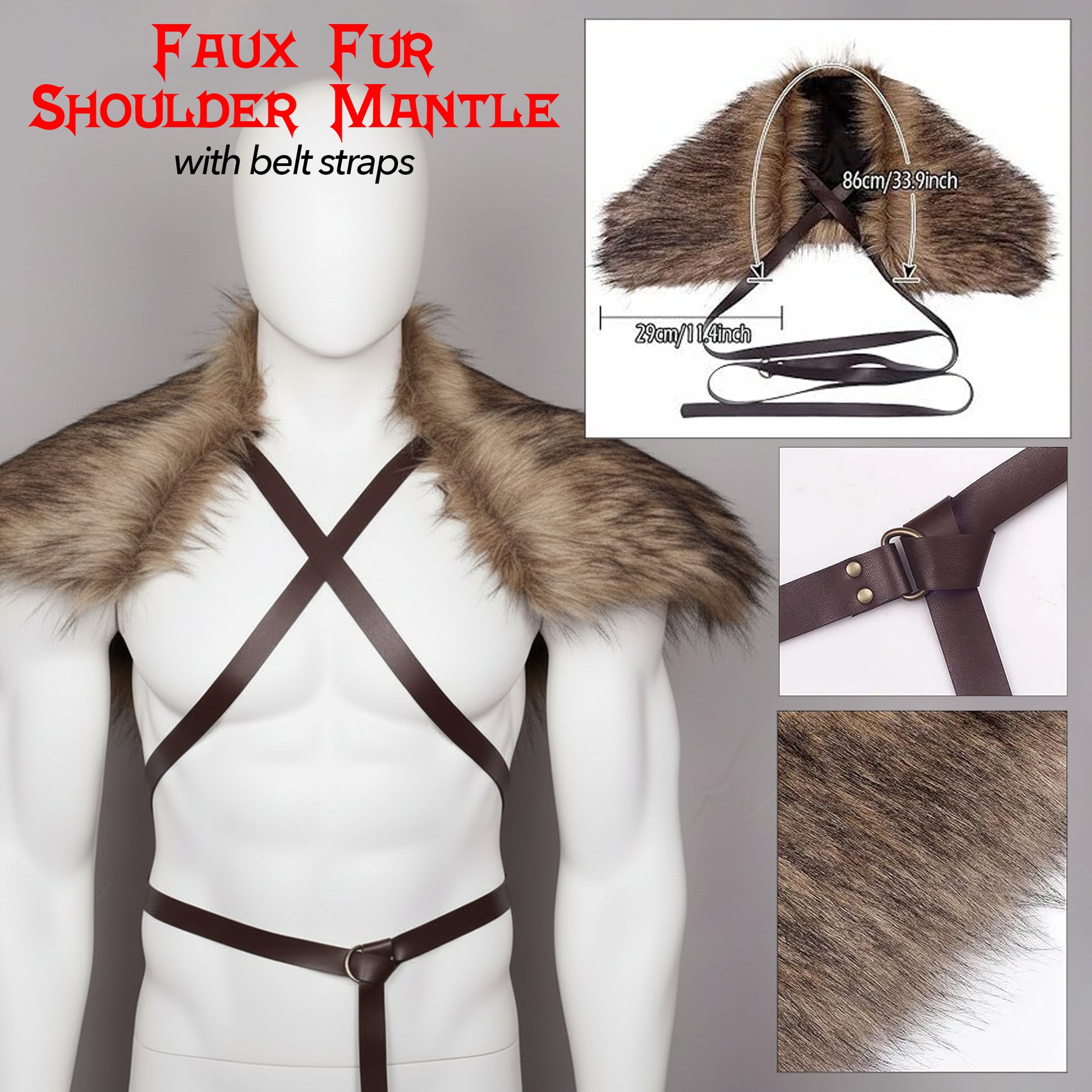 Faux fur shoulder mantle cape with belt straps for Medieval Barbarian Costume. Renfaire LARP Accessories