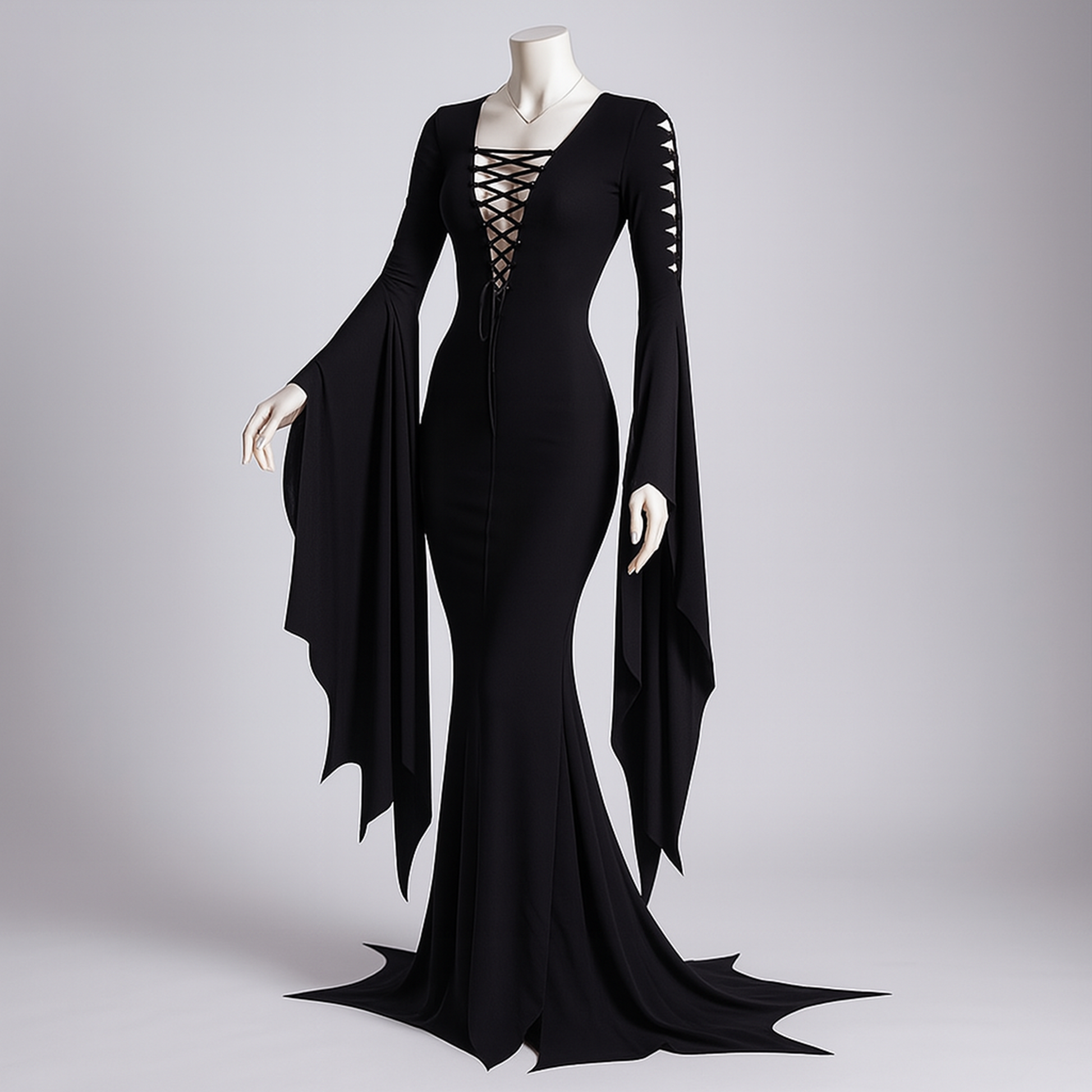 Morticia Addams Dress, Black Witch Dress for Halloween Party, Medieval Gothic Vampire Women Costume, Long Floor Train Gown Plus Size, Fantasy Dark Elven Cosplay