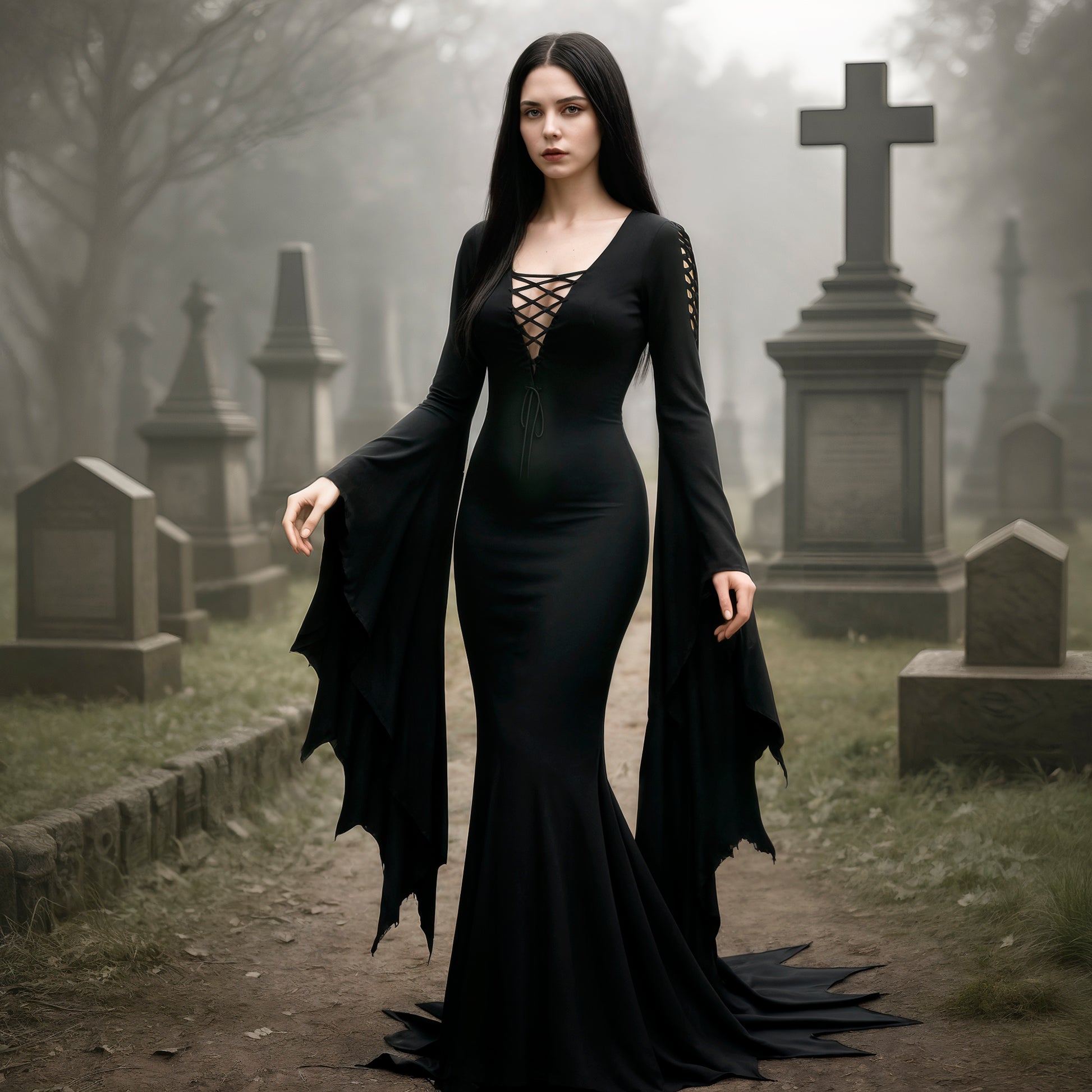 Morticia Addams Dress, Black Witch Dress for Halloween Party, Medieval Gothic Vampire Women Costume, Long Floor Train Gown Plus Size, Fantasy Dark Elven Cosplay