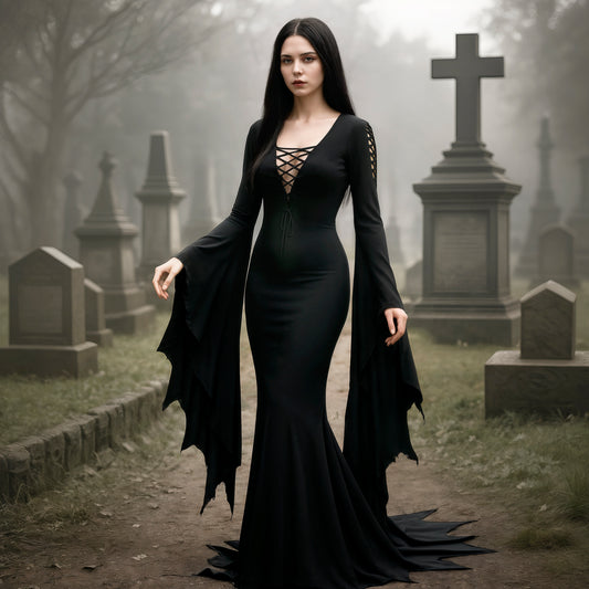 Morticia Addams Dress, Black Witch Dress for Halloween Party, Medieval Gothic Vampire Women Costume, Long Floor Train Gown Plus Size, Fantasy Dark Elven Cosplay