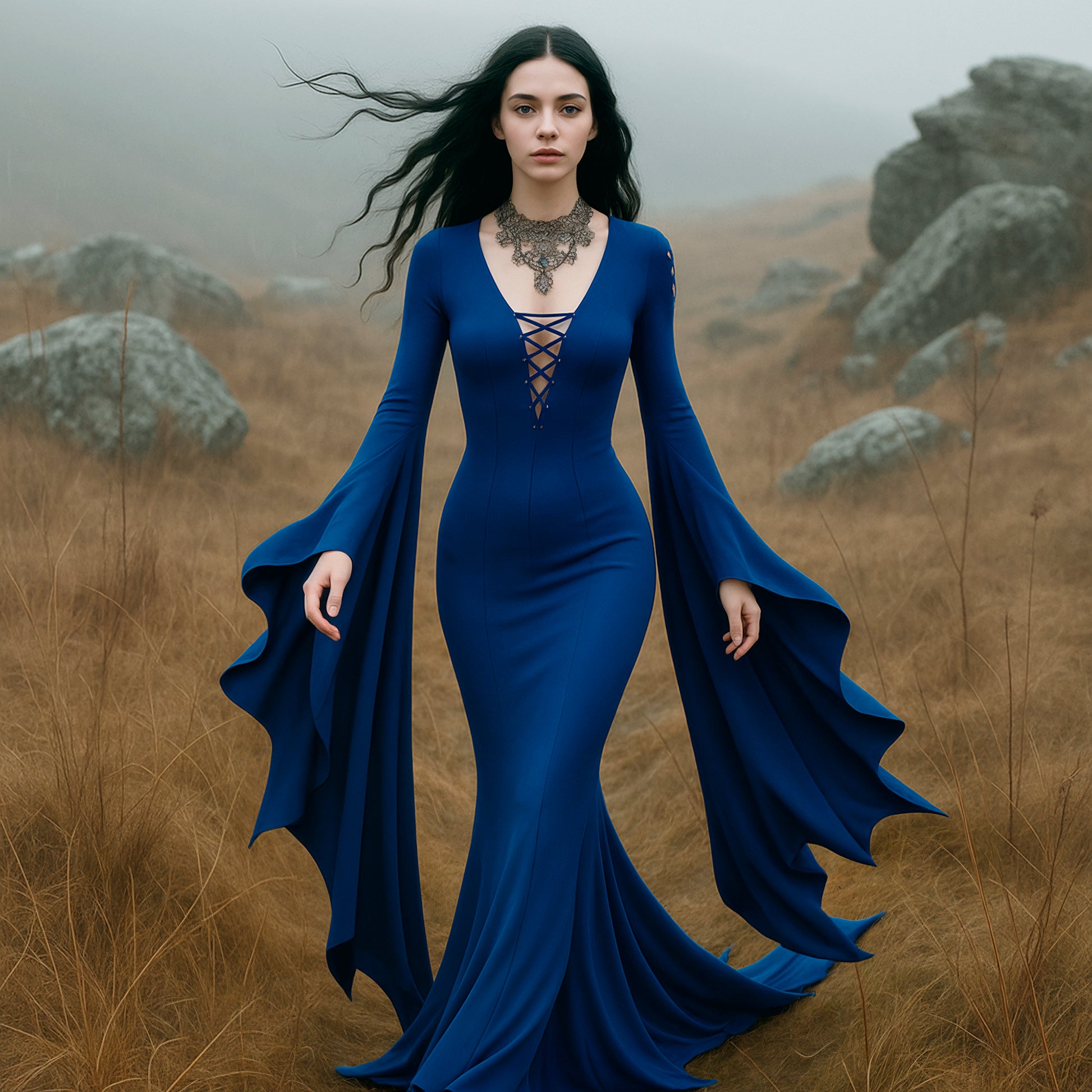 Morticia Addams Dress, Blue Witch Dress for Halloween Party, Medieval Gothic Vampire Women Costume, Long Floor Train Gown Plus Size, Fantasy Dark Elven Cosplay