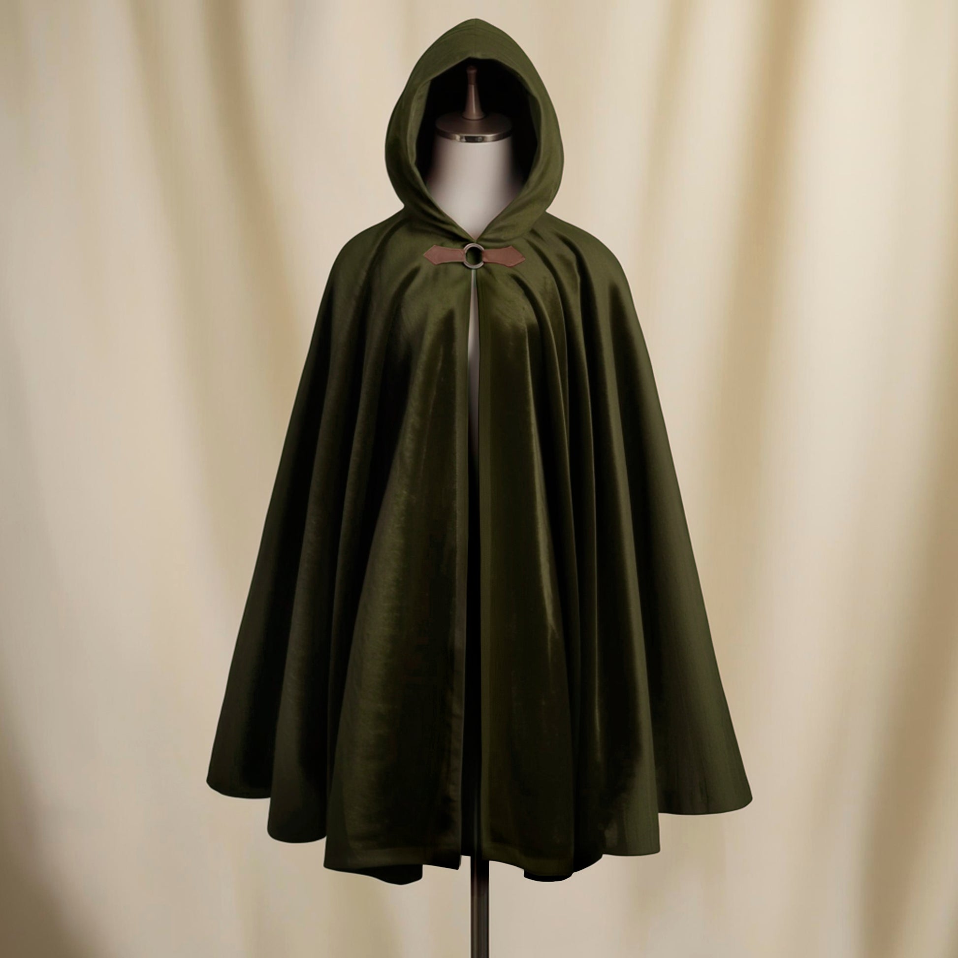 Green Hobbit Cape Cloak with Hood in Medieval Style, Velvet Hooded Robe for Fantasy Cosplay Costume, LARP Clothes, Unisex Renaissance Elven Outfit