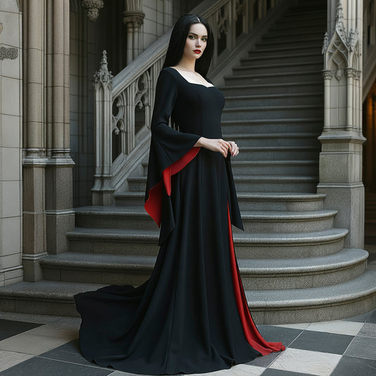 Black & Red Marticia Addams Dress, Gothic Witch Dress: Crimson Bat Flared Sleeve, Long Floor Train, Women Halloween Costume 2025 in Medieval Vampire Style