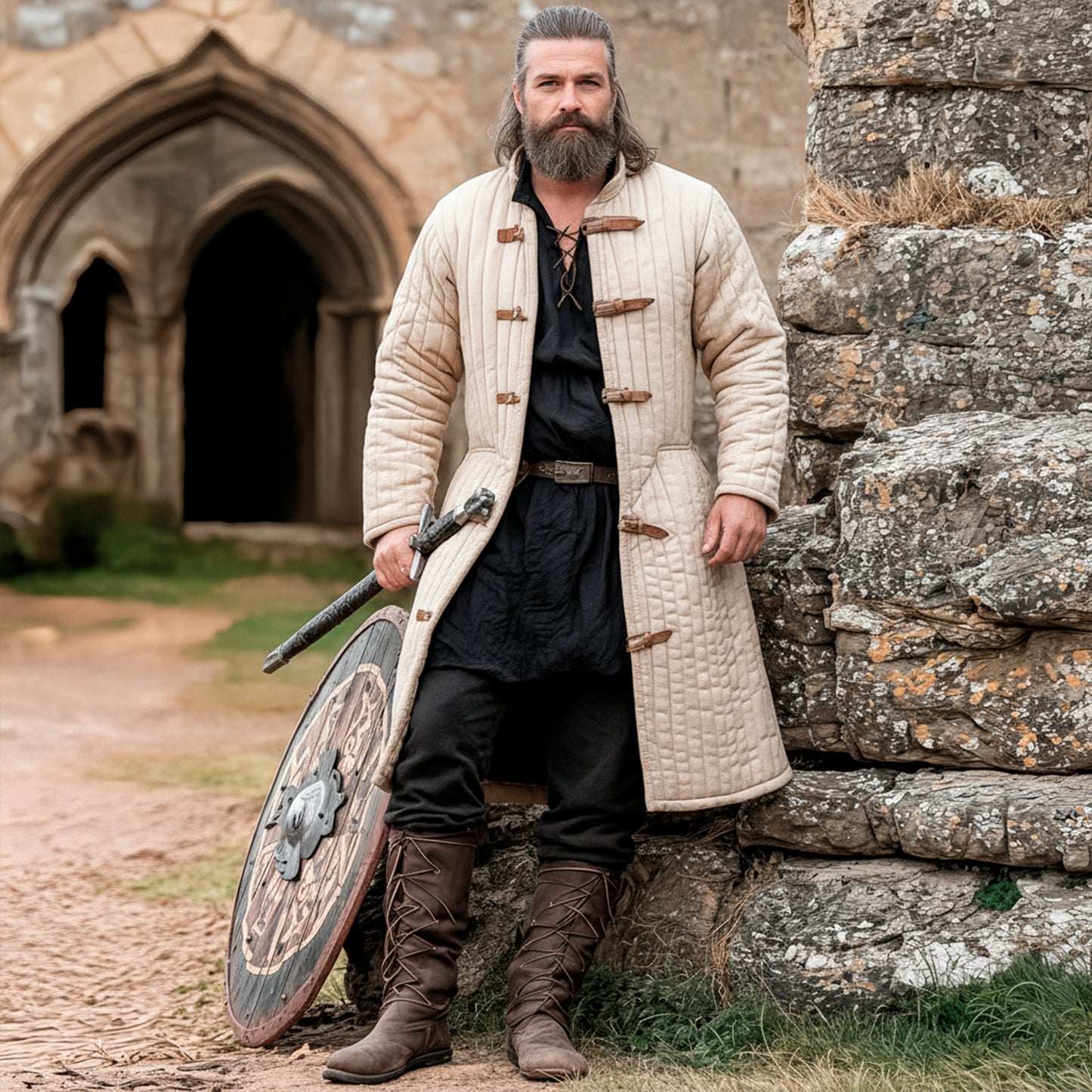 Medieval Knight Gambeson Aketon, Renaissance Fair Quilted Coat for SCA LARP Viking Warrior Cosplay Costume, Mens Padded Armor Jacket