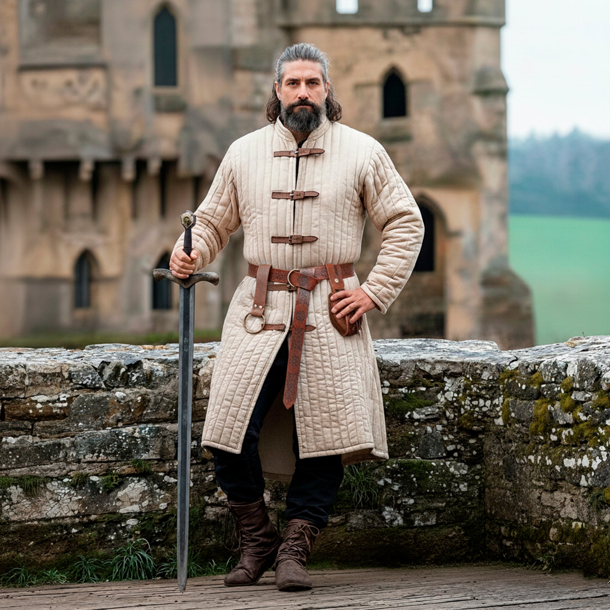 Medieval Knight Gambeson Aketon, Renaissance Fair Quilted Coat for SCA LARP Viking Warrior Cosplay Costume, Mens Padded Armor Jacket