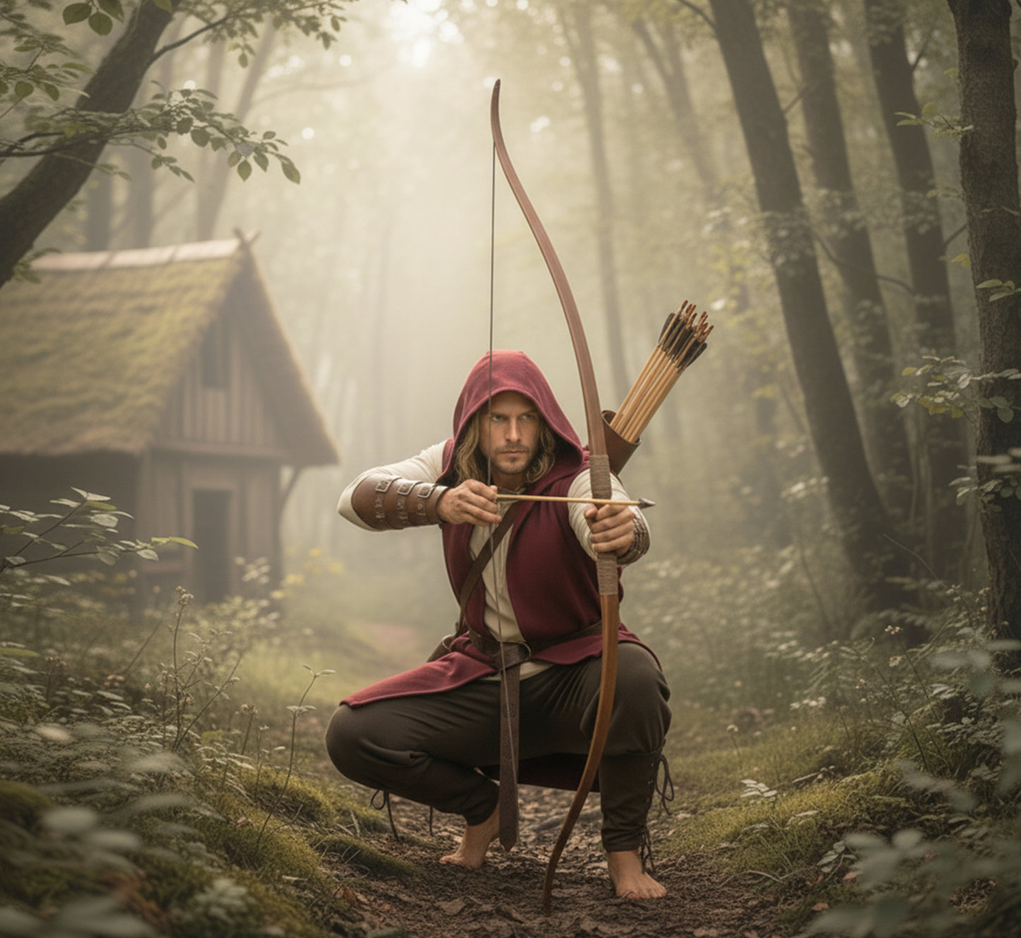 Medieval Renfaire Clothes Set 6pcs: Hooded Surcoat, Lace-Up Shirt Tunic, Pants Trousers, Belt & Armor Bracers, Ranger, Archer or Viking LARP Costume