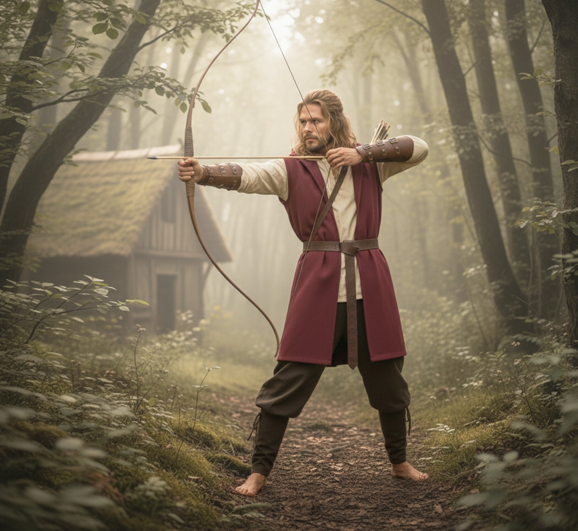 Medieval Renfaire Clothes Set 6pcs: Hooded Surcoat, Lace-Up Shirt Tunic, Pants Trousers, Belt & Armor Bracers, Ranger, Archer or Viking LARP Costume