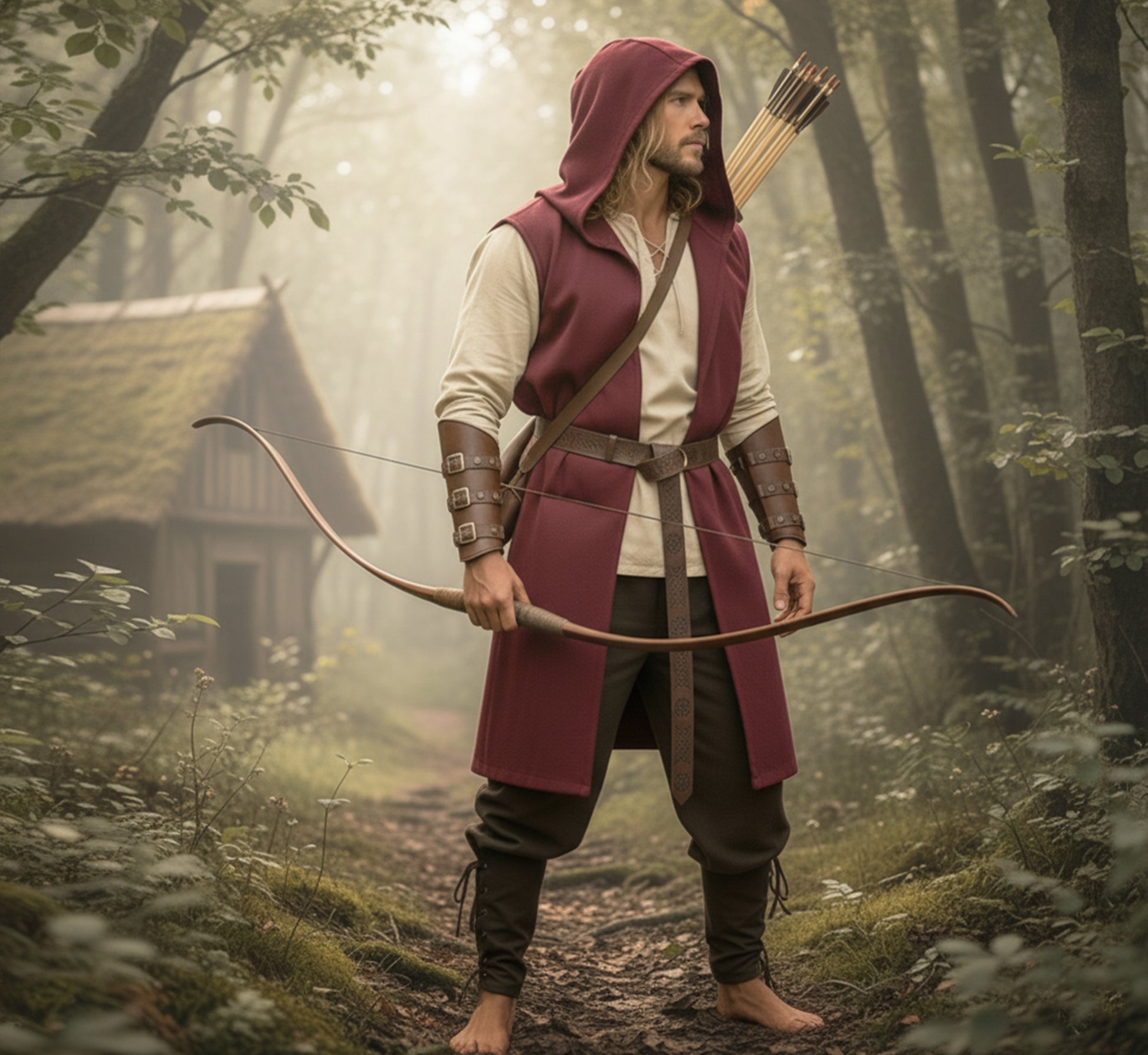 Medieval Renfaire Clothes Set 6pcs: Hooded Surcoat, Lace-Up Shirt Tunic, Pants Trousers, Belt & Armor Bracers, Ranger, Archer or Viking LARP Costume