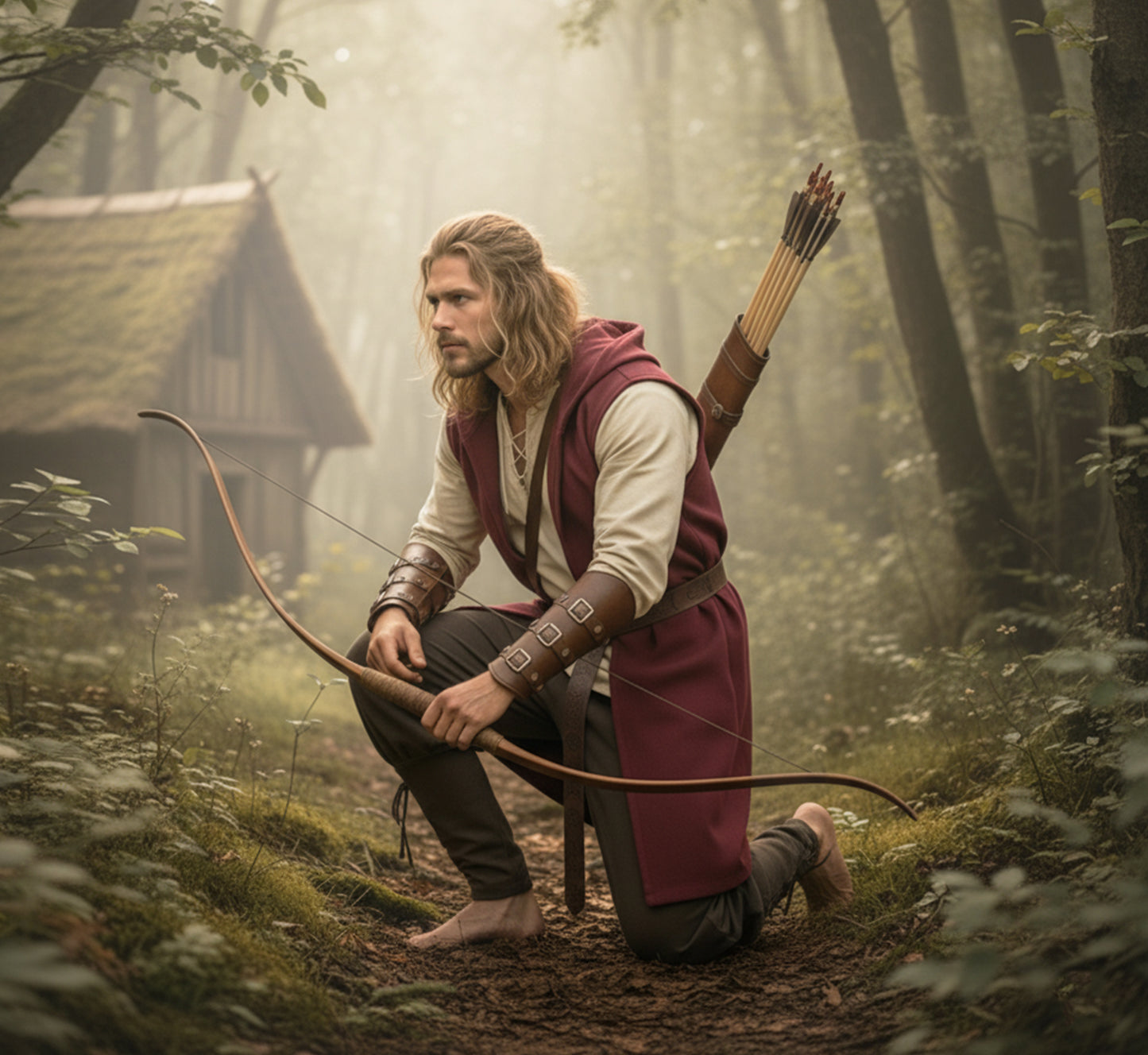 Medieval Renfaire Clothes Set 6pcs: Hooded Surcoat, Lace-Up Shirt Tunic, Pants Trousers, Belt & Armor Bracers, Ranger, Archer or Viking LARP Costume