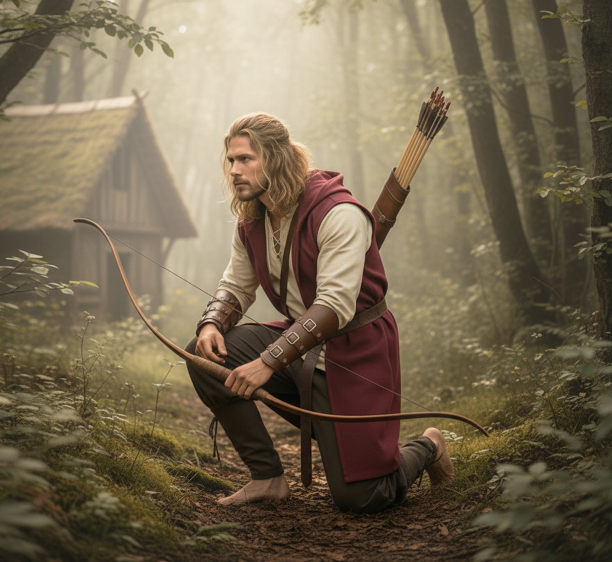 Medieval Renfaire Clothes Set 6pcs: Hooded Surcoat, Lace-Up Shirt Tunic, Pants Trousers, Belt & Armor Bracers, Ranger, Archer or Viking LARP Costume