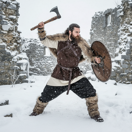 Medieval Barbarian Full Costume: Faux Fur Shoulder Mantle Cape, Bracers, Leg Warmer, Viking Vest, Shirt Tunic, Pants Trousers. Renfaire LARP