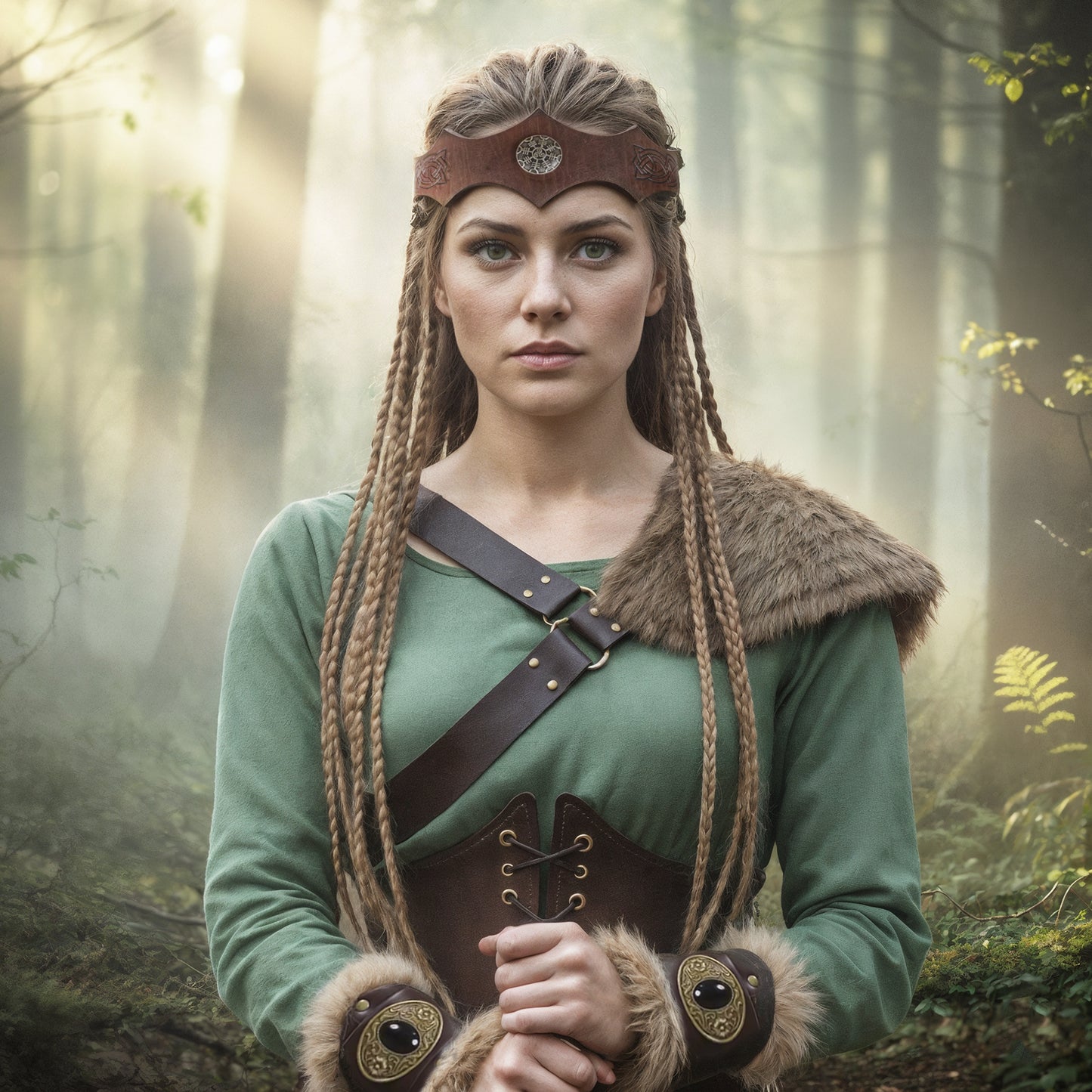 Medieval Viking Women Costume - Dress & Furry Faux Leather LARP Accessories: Corset, Bracers, Belt, Purse, Shoulder Pad, Celtic Crown Tiara