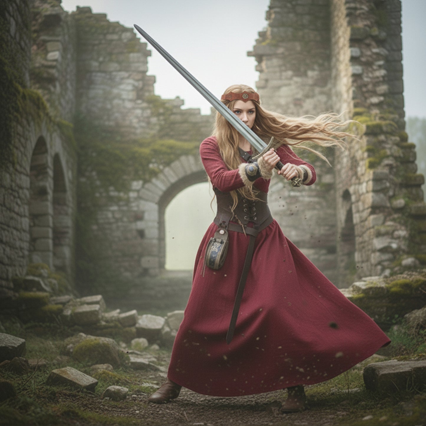 Medieval Viking Women Costume - Dress & Furry Faux Leather LARP Accessories: Corset, Bracers, Belt, Purse, Shoulder Pad, Celtic Crown Tiara