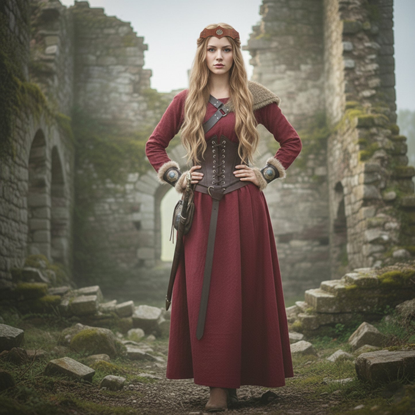 Medieval Viking Women Costume - Dress & Furry Faux Leather LARP Accessories: Corset, Bracers, Belt, Purse, Shoulder Pad, Celtic Crown Tiara