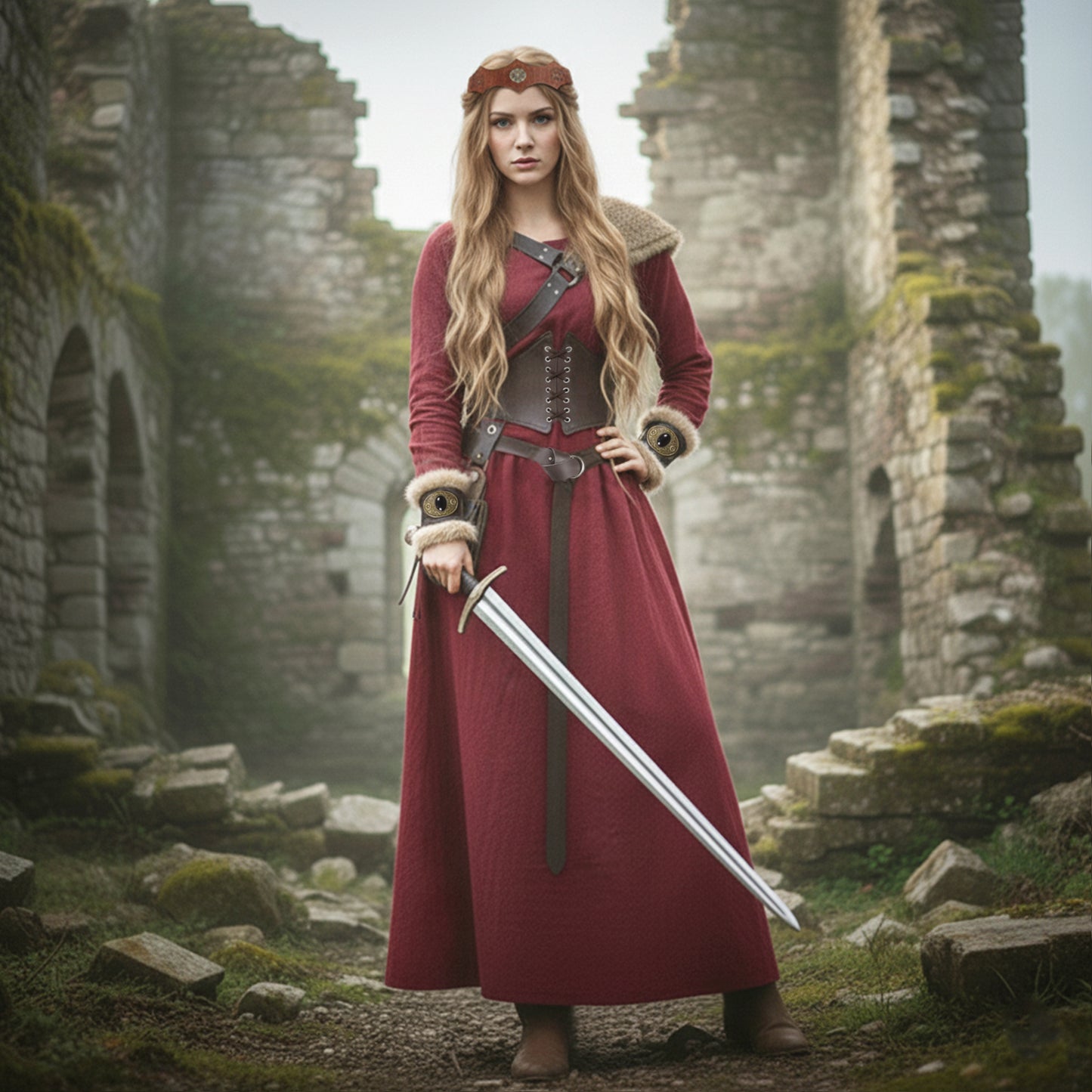 Medieval Viking Women Costume - Dress & Furry Faux Leather LARP Accessories: Corset, Bracers, Belt, Purse, Shoulder Pad, Celtic Crown Tiara